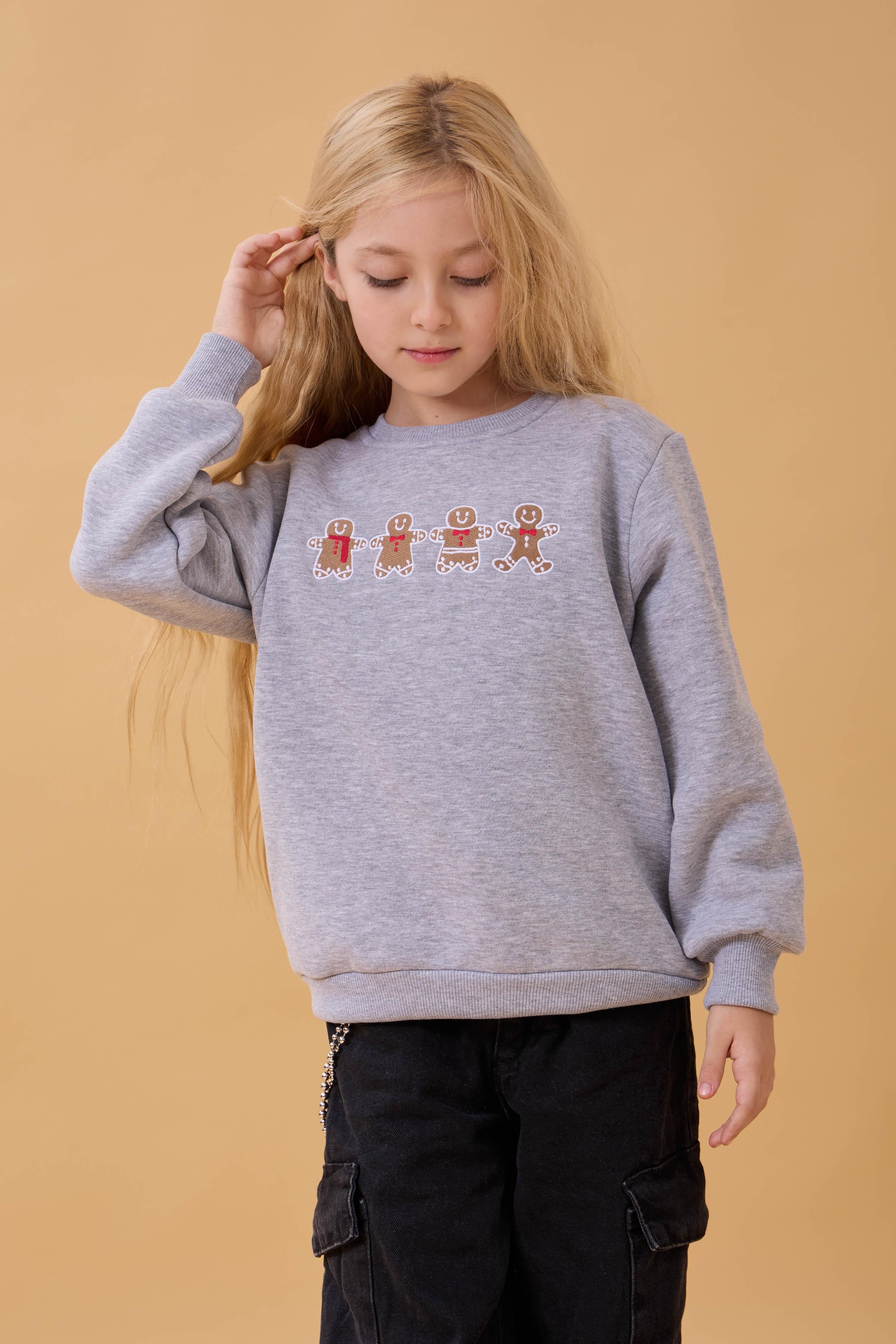 Kız Çocuk Bisiklet Yaka Kurabiye Nakışlı Sweatshirt Gri Melanj