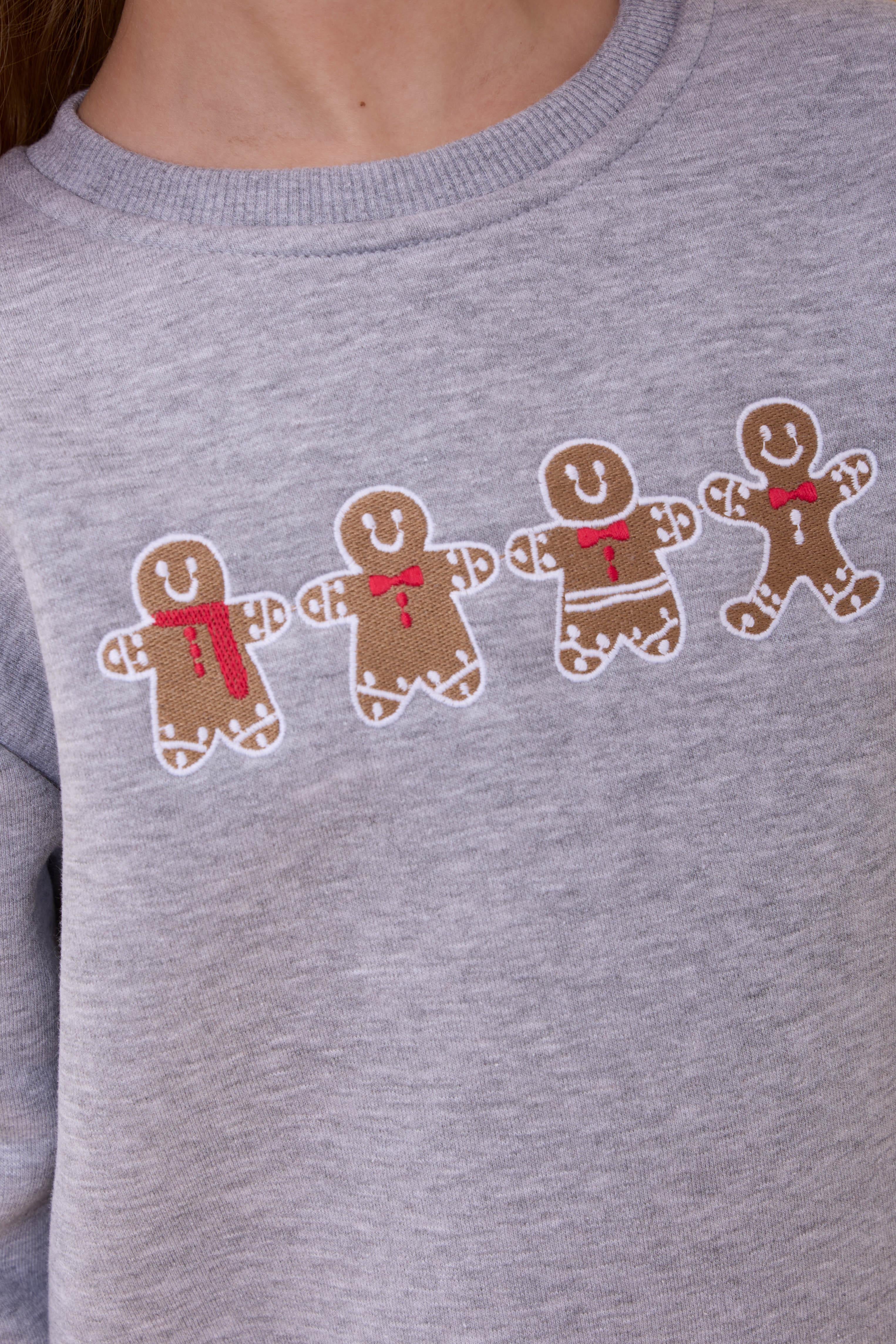 Kız Çocuk Bisiklet Yaka Kurabiye Nakışlı Sweatshirt Gri Melanj