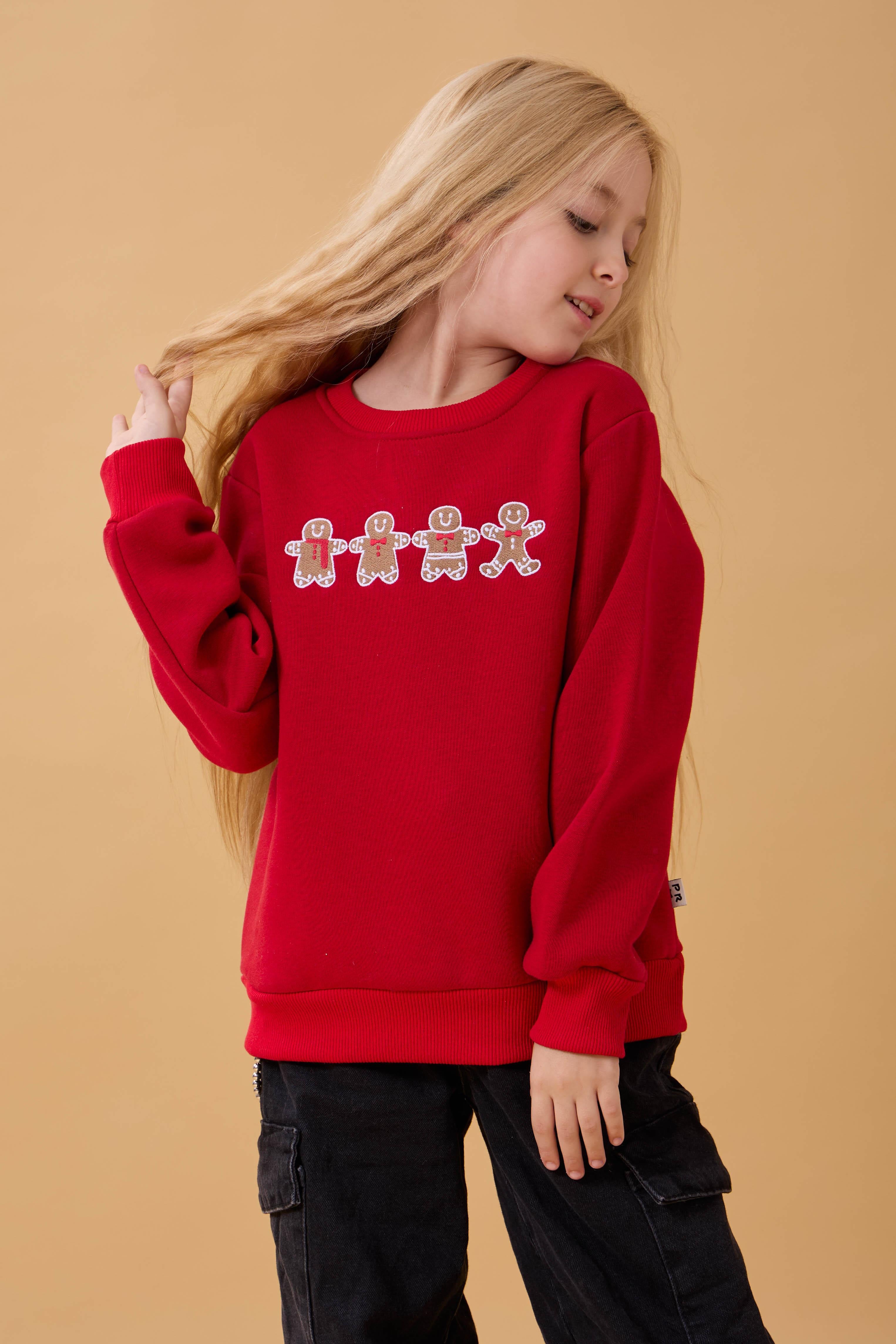 Kız Çocuk Bisiklet Yaka Kurabiye Nakışlı Sweatshirt Kırmızı