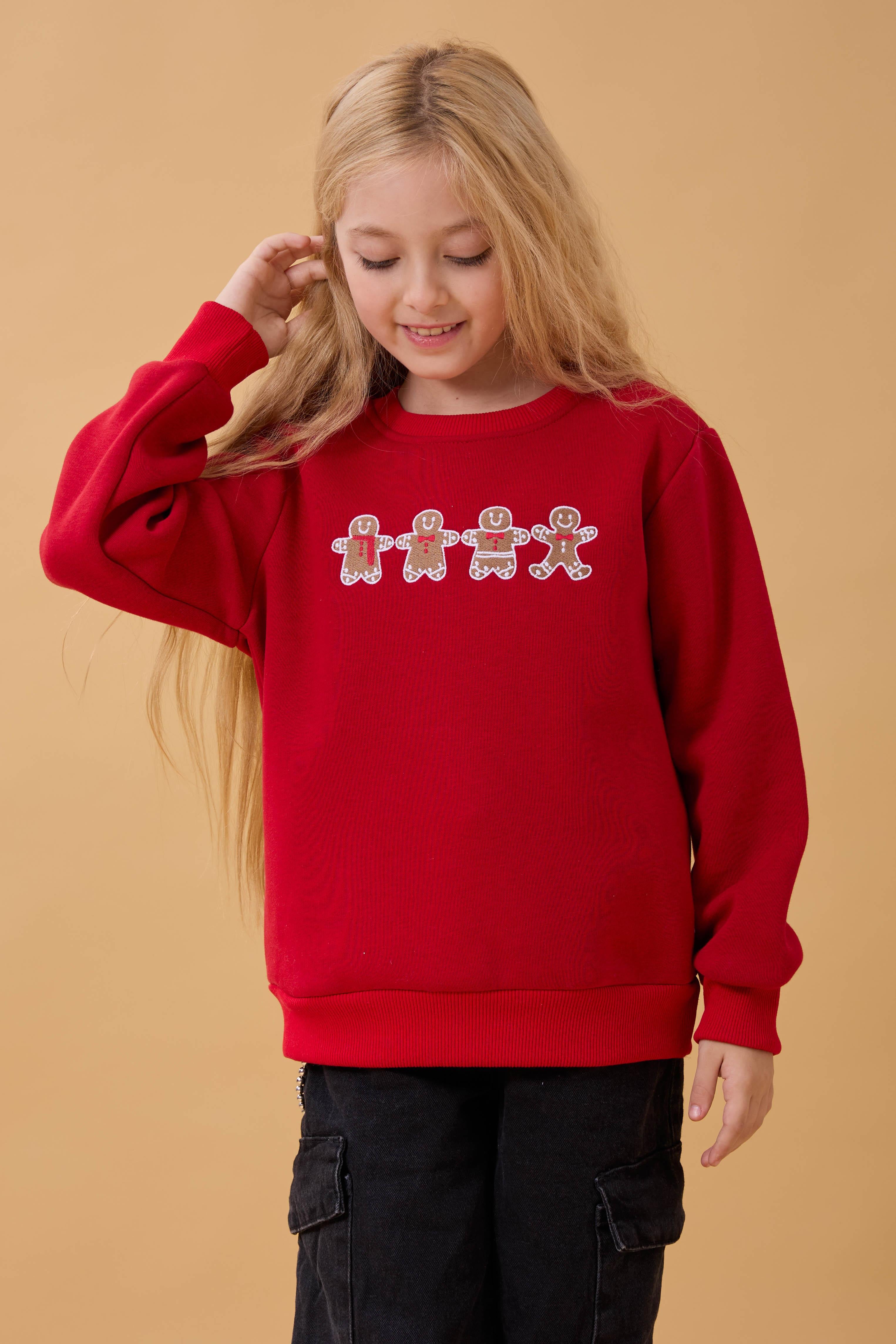Kız Çocuk Bisiklet Yaka Kurabiye Nakışlı Sweatshirt Kırmızı