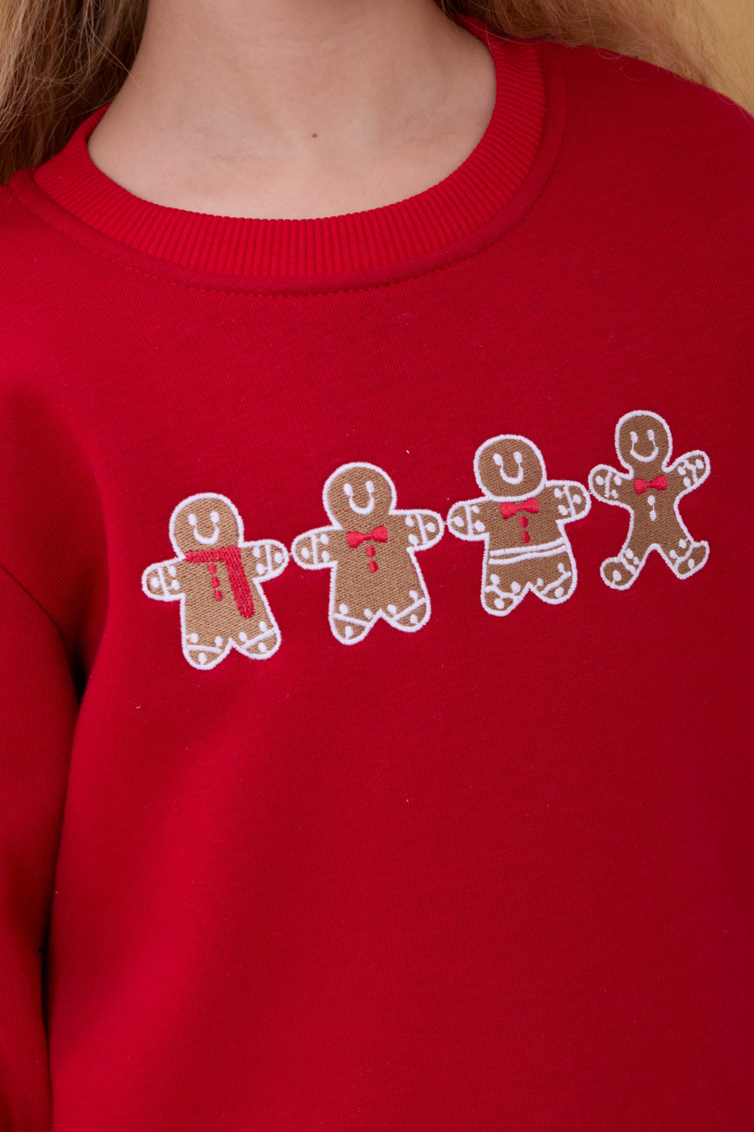 Kız Çocuk Bisiklet Yaka Kurabiye Nakışlı Sweatshirt Kırmızı