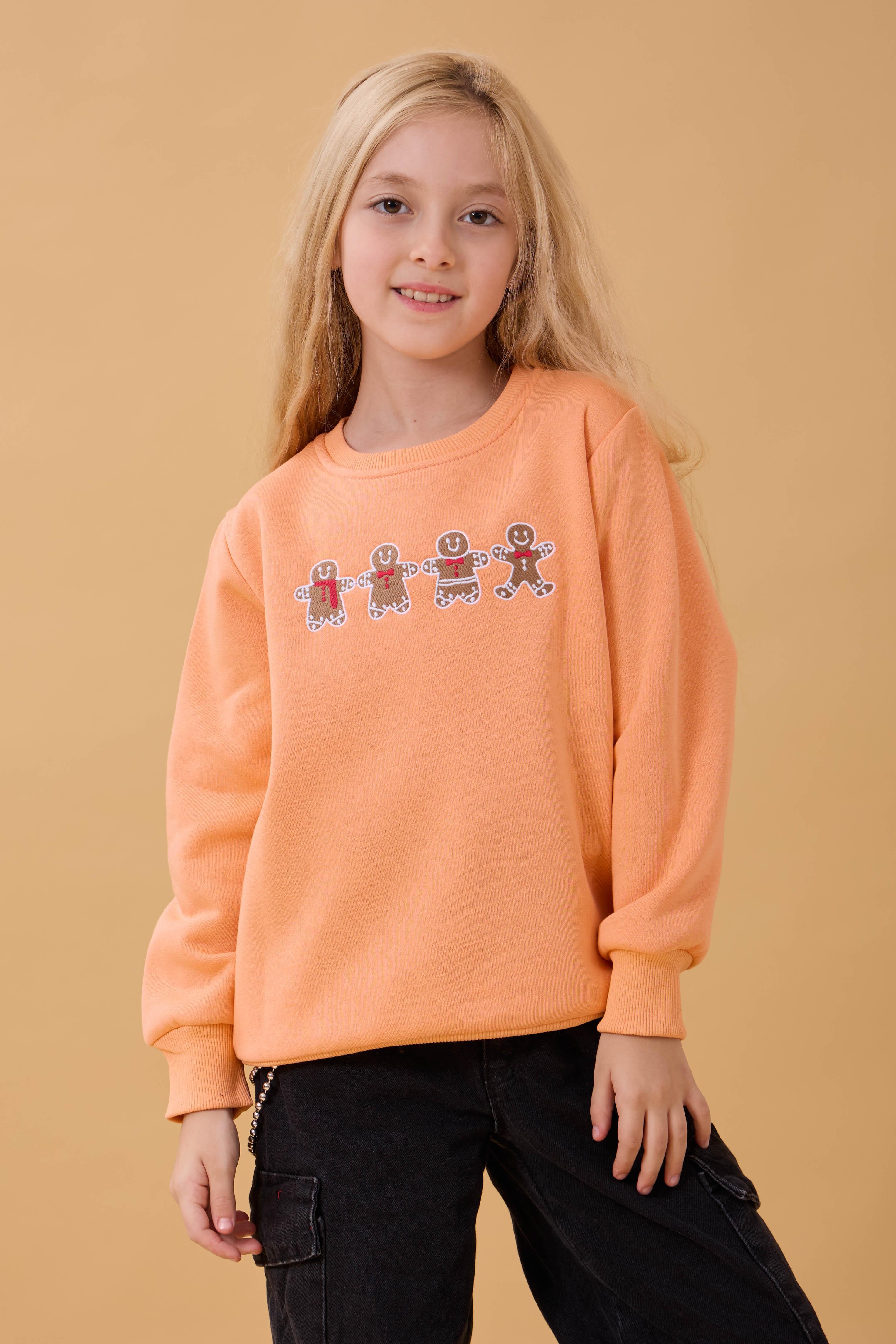 Kız Çocuk Bisiklet Yaka Kurabiye Nakışlı Sweatshirt Somon