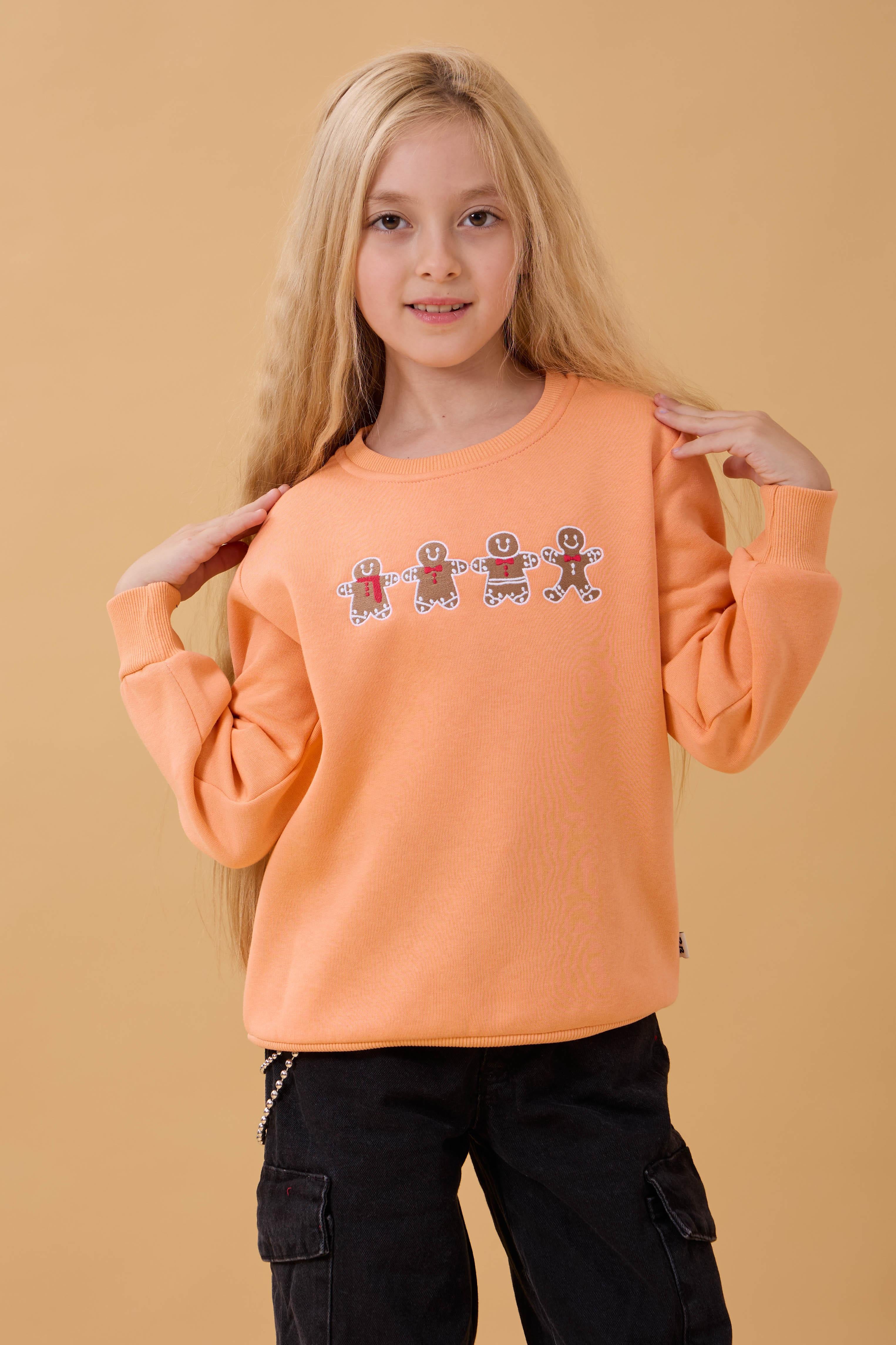 Kız Çocuk Bisiklet Yaka Kurabiye Nakışlı Sweatshirt Somon