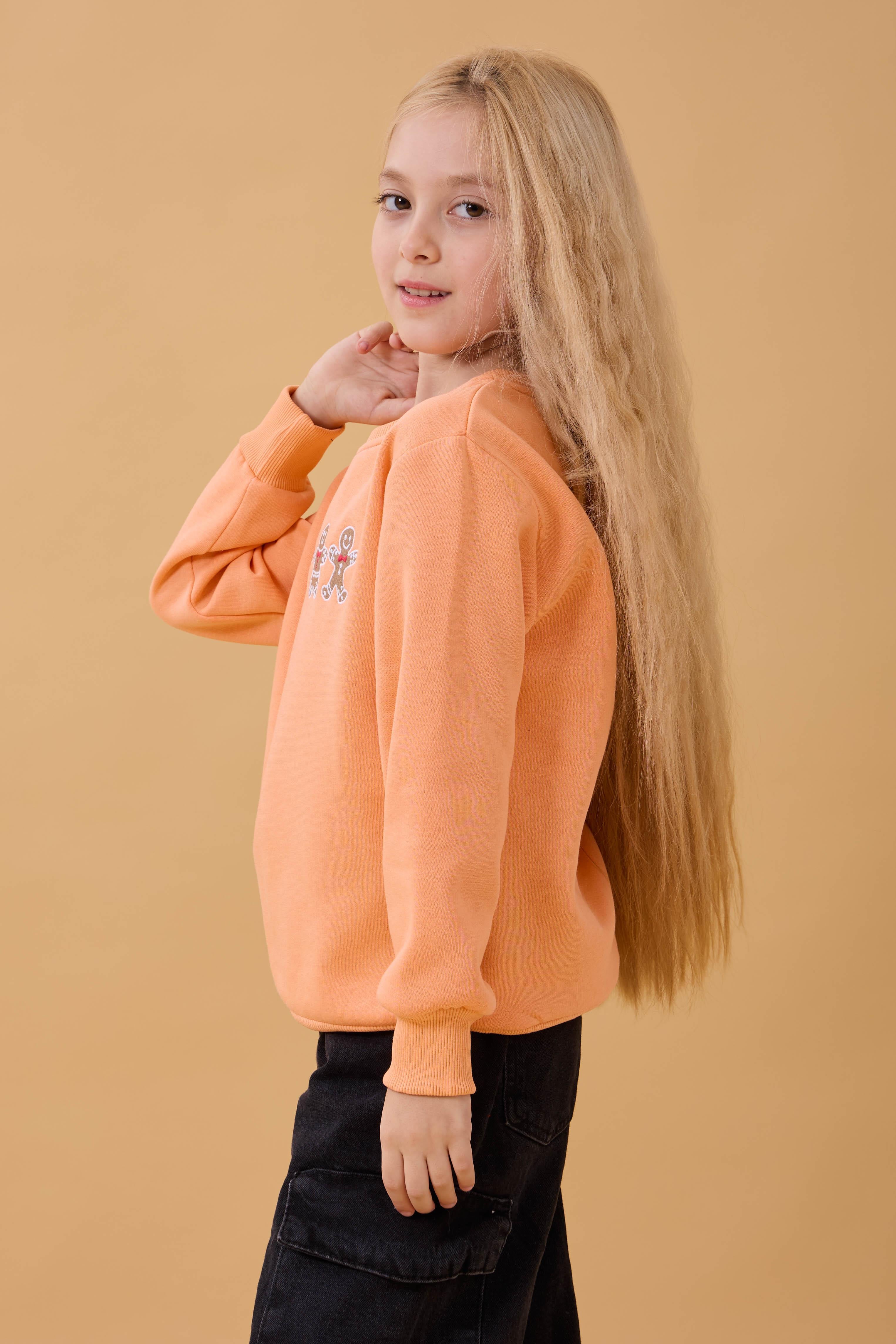 Kız Çocuk Bisiklet Yaka Kurabiye Nakışlı Sweatshirt Somon