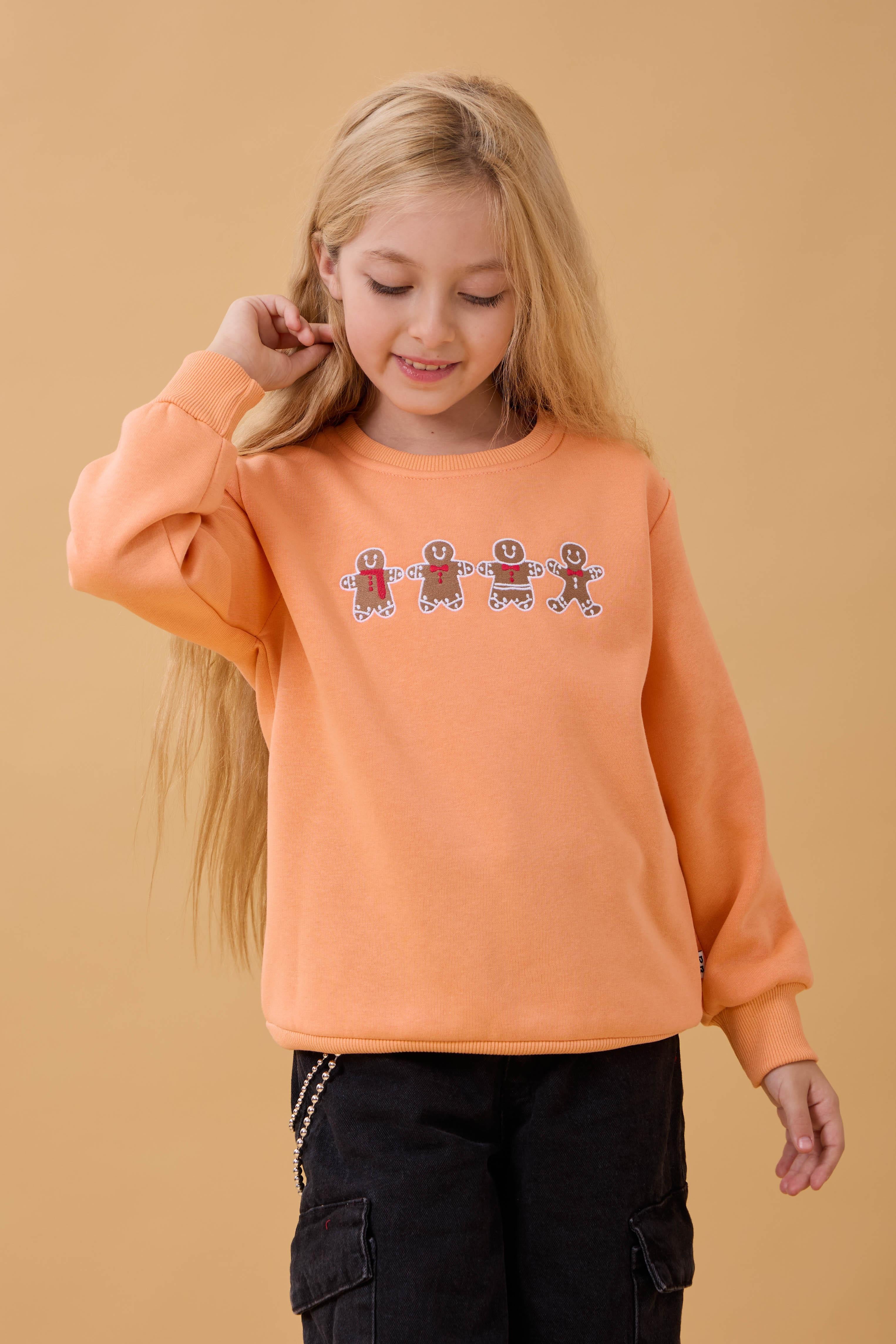 Kız Çocuk Bisiklet Yaka Kurabiye Nakışlı Sweatshirt Somon