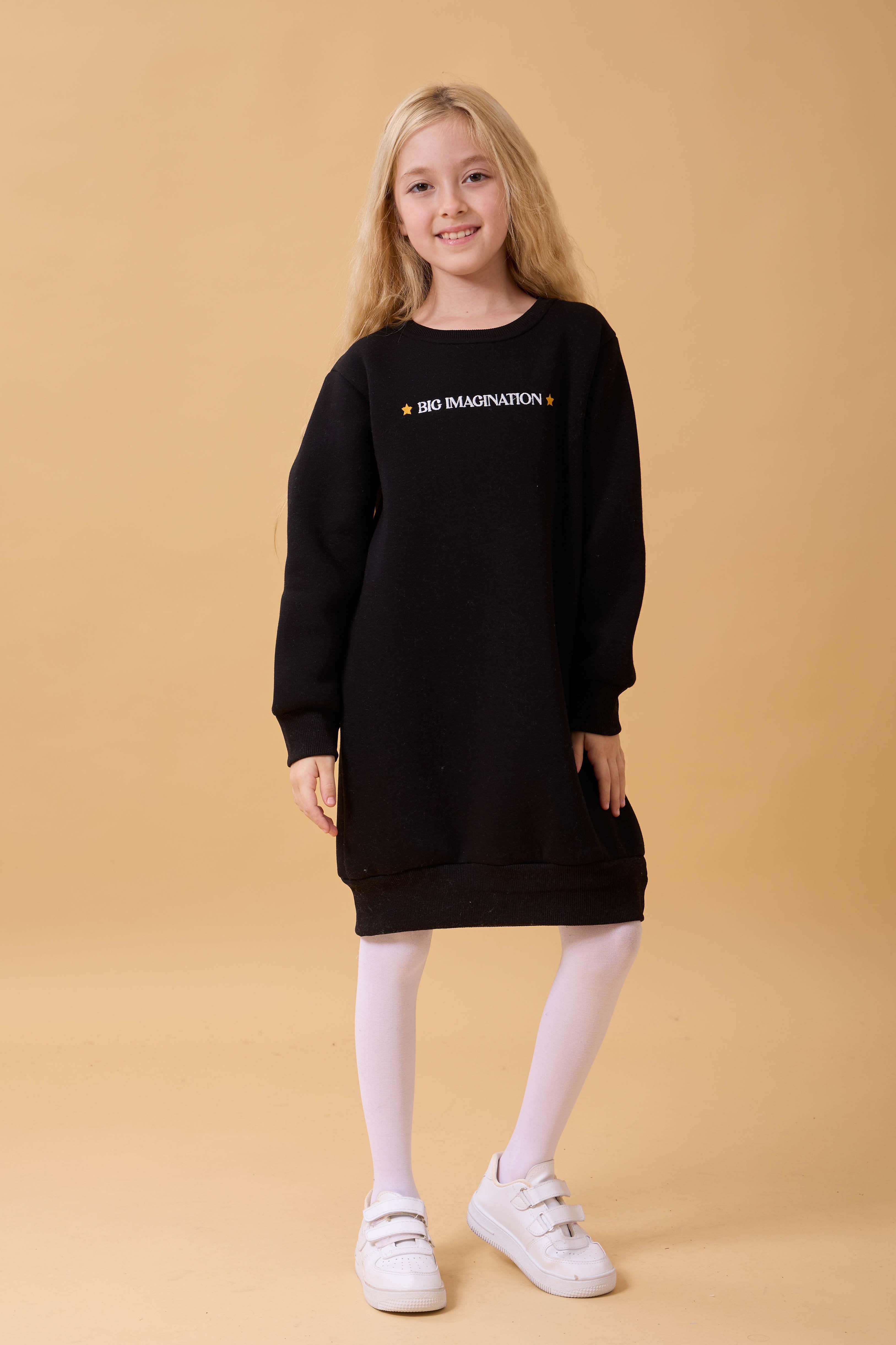 Kız Çocuk Bisiklet Yaka Nakış Detaylı İçi Polarlı Elbise