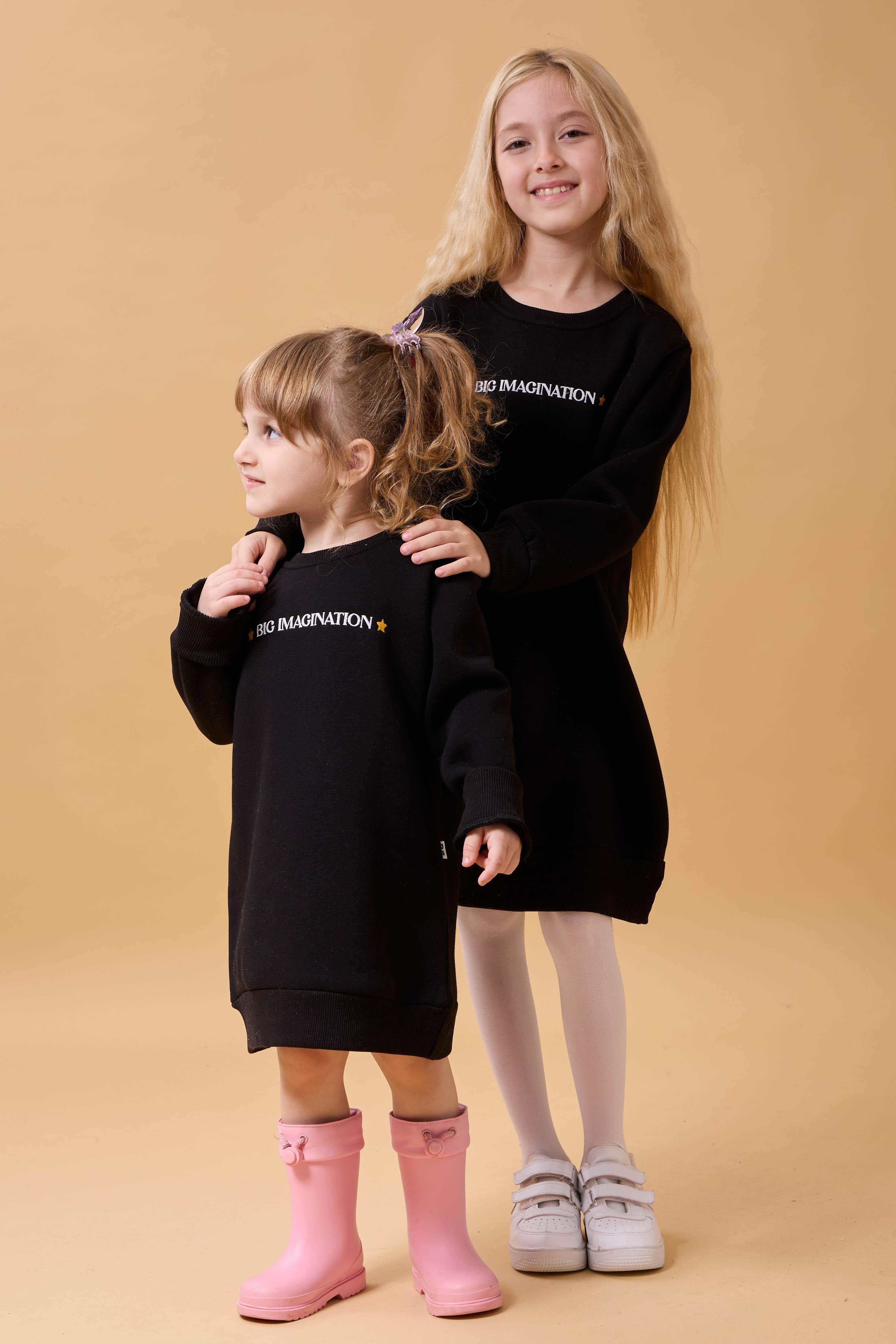 Kız Çocuk Bisiklet Yaka Nakış Detaylı İçi Polarlı Elbise