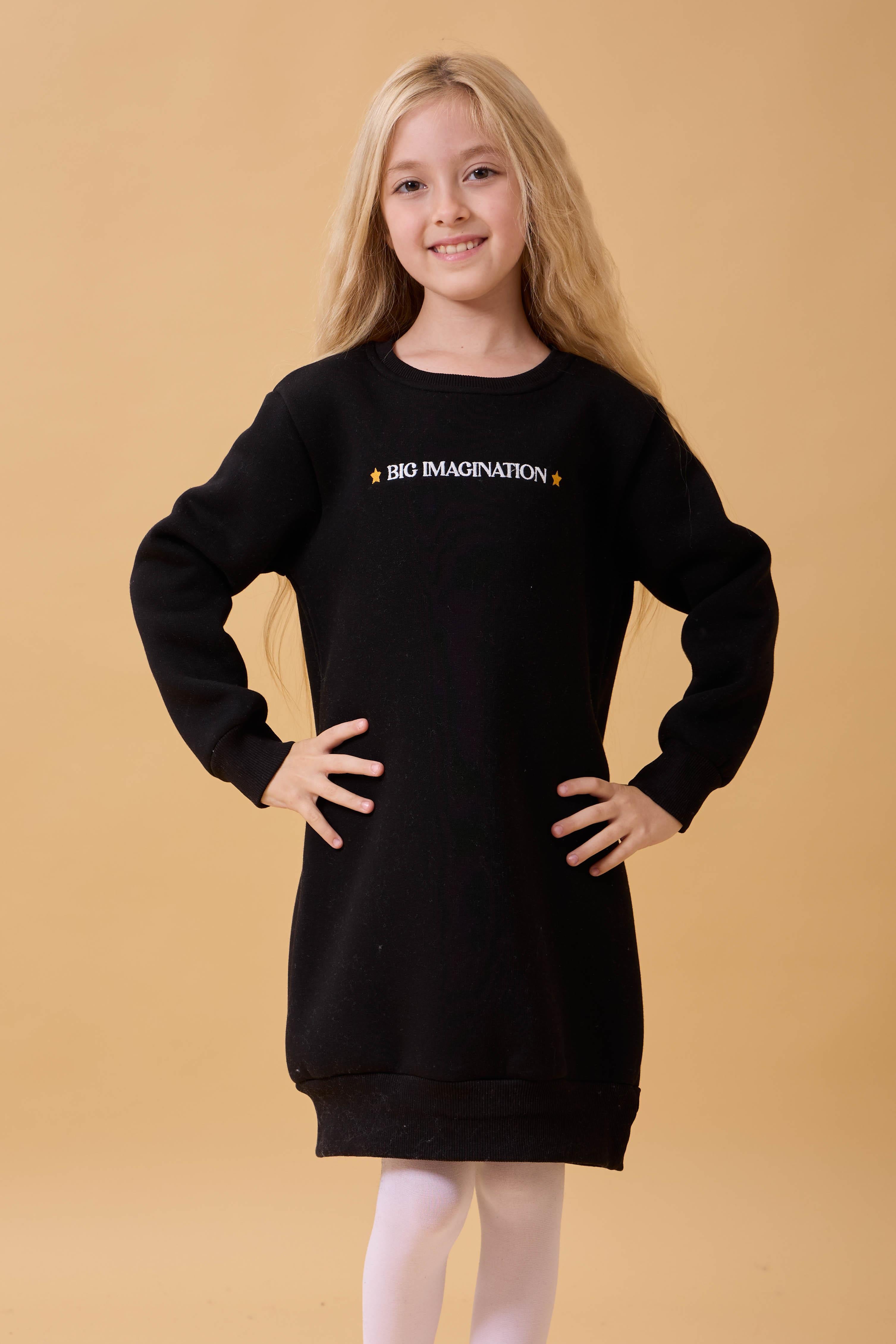 Kız Çocuk Bisiklet Yaka Nakış Detaylı İçi Polarlı Elbise