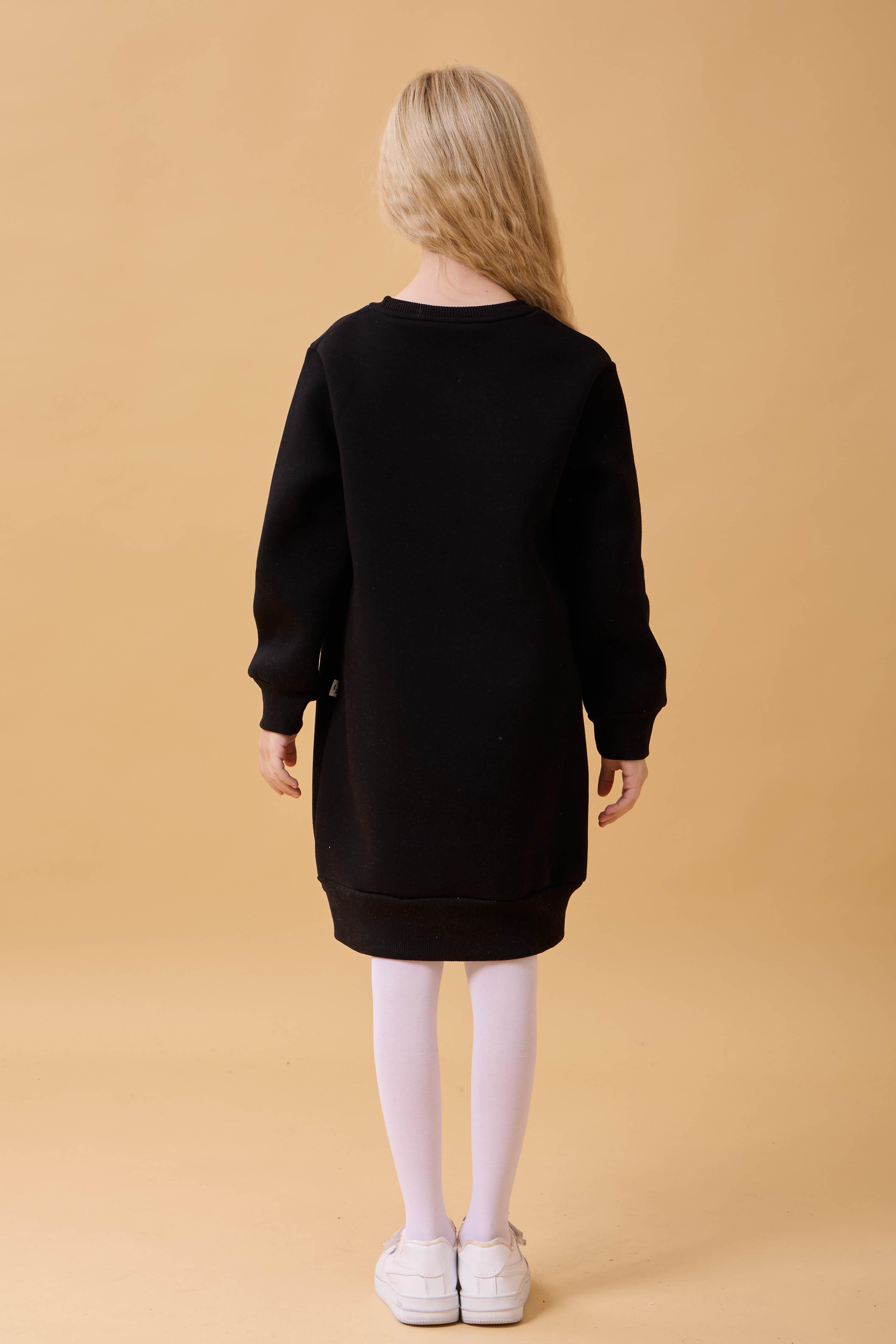 Kız Çocuk Bisiklet Yaka Nakış Detaylı İçi Polarlı Elbise