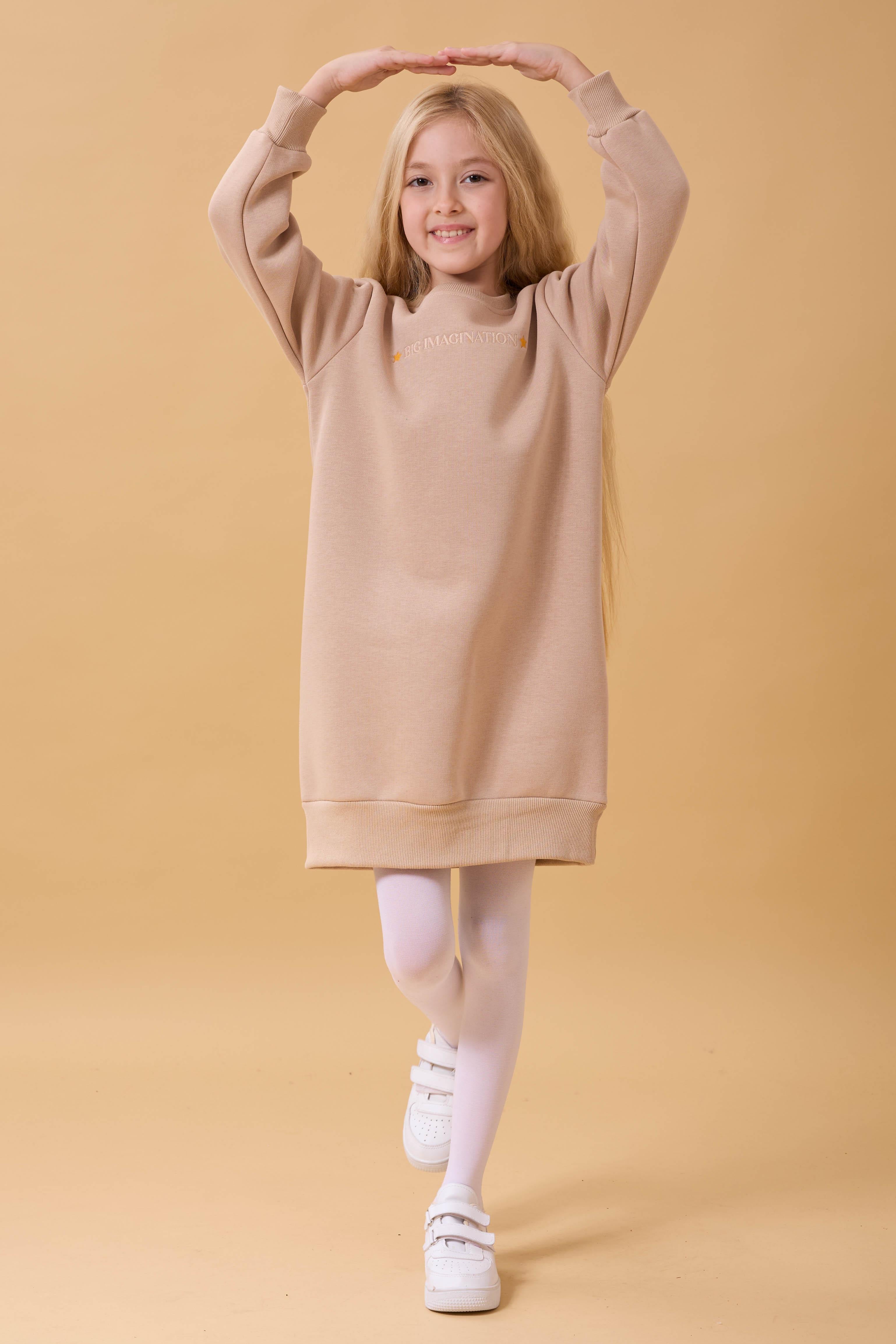 Kız Çocuk Bisiklet Yaka Nakış Detaylı İçi Polarlı Elbise