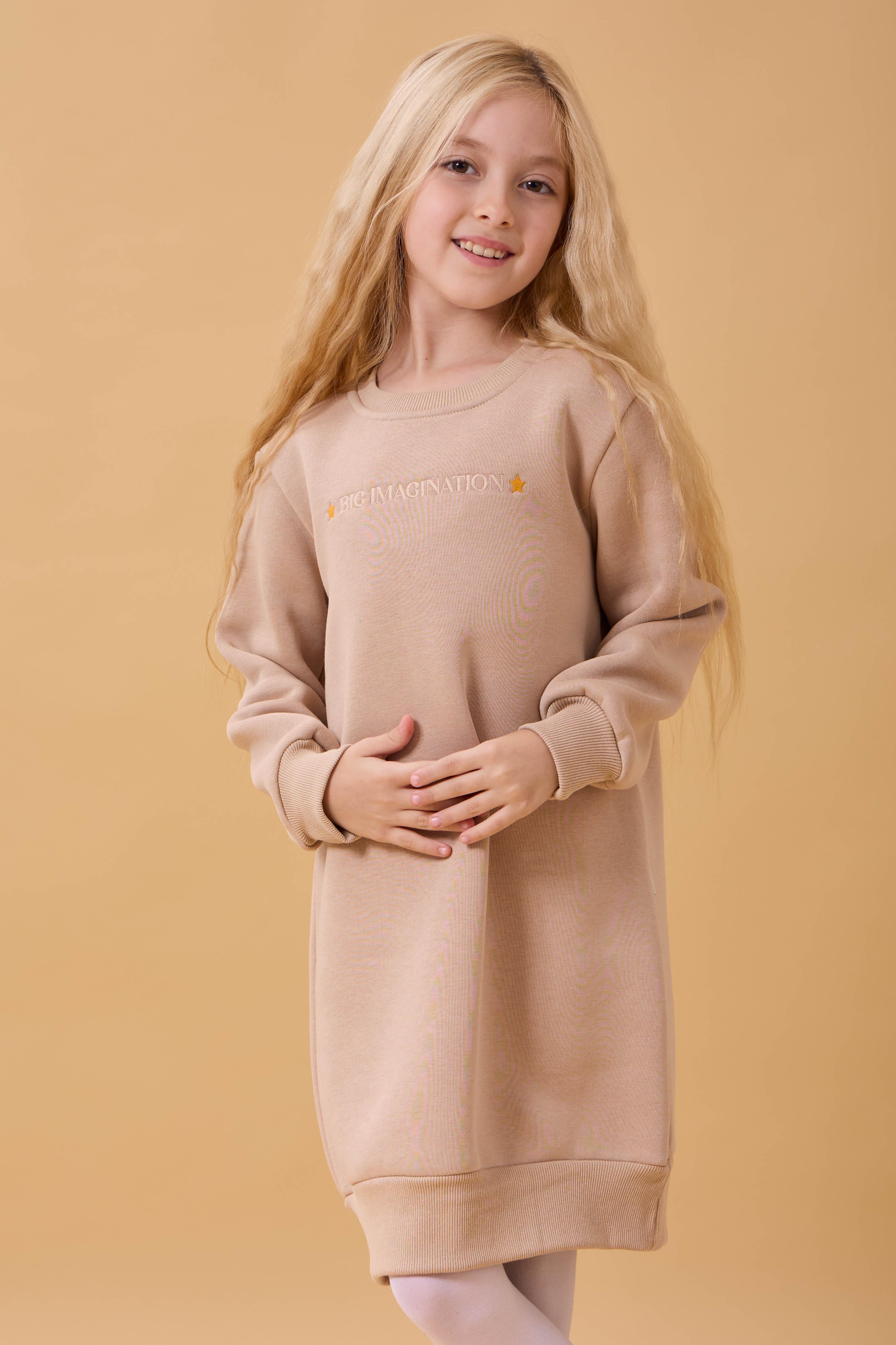 Kız Çocuk Bisiklet Yaka Nakış Detaylı İçi Polarlı Elbise