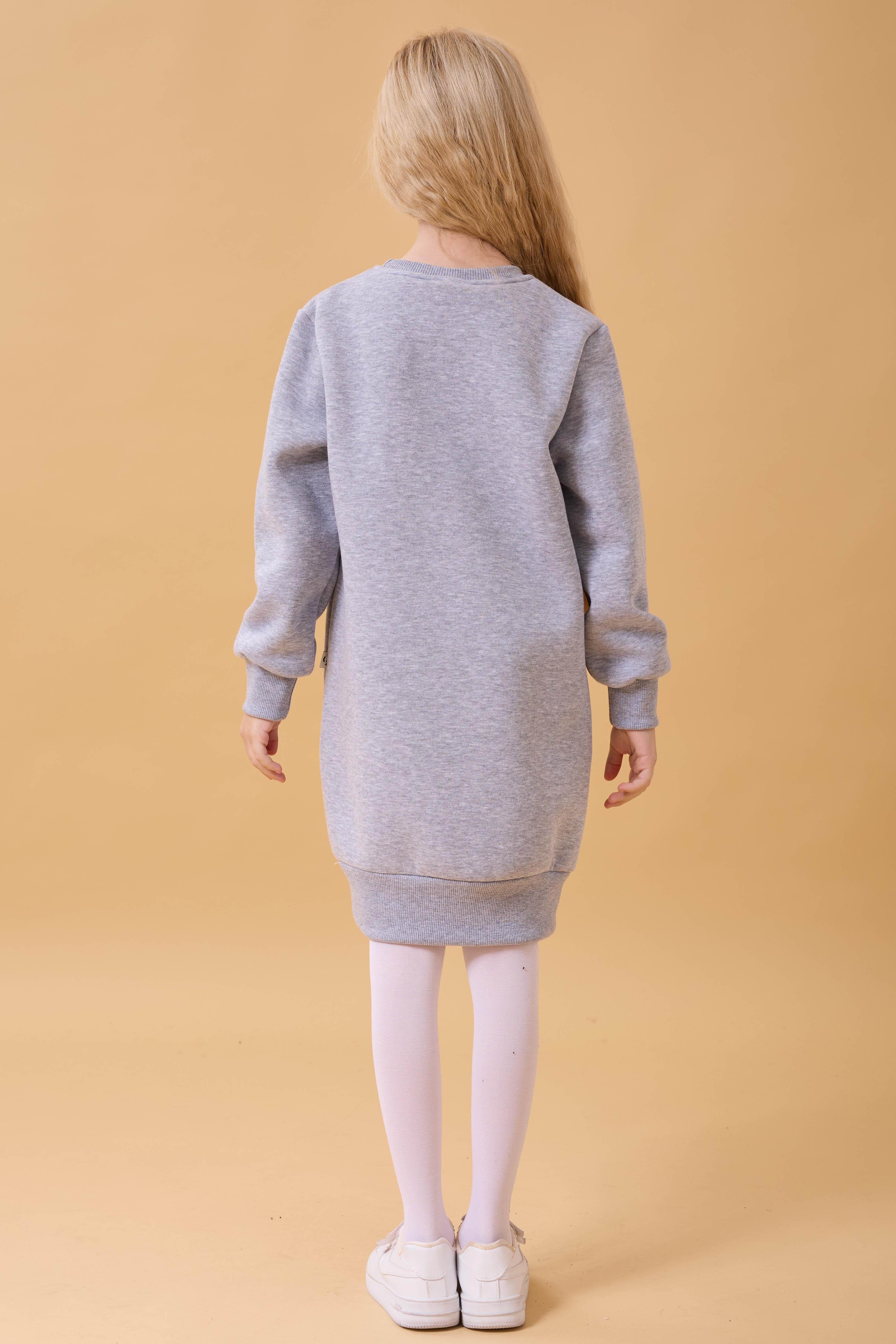 Kız Çocuk Bisiklet Yaka Nakış Detaylı İçi Polarlı Elbise