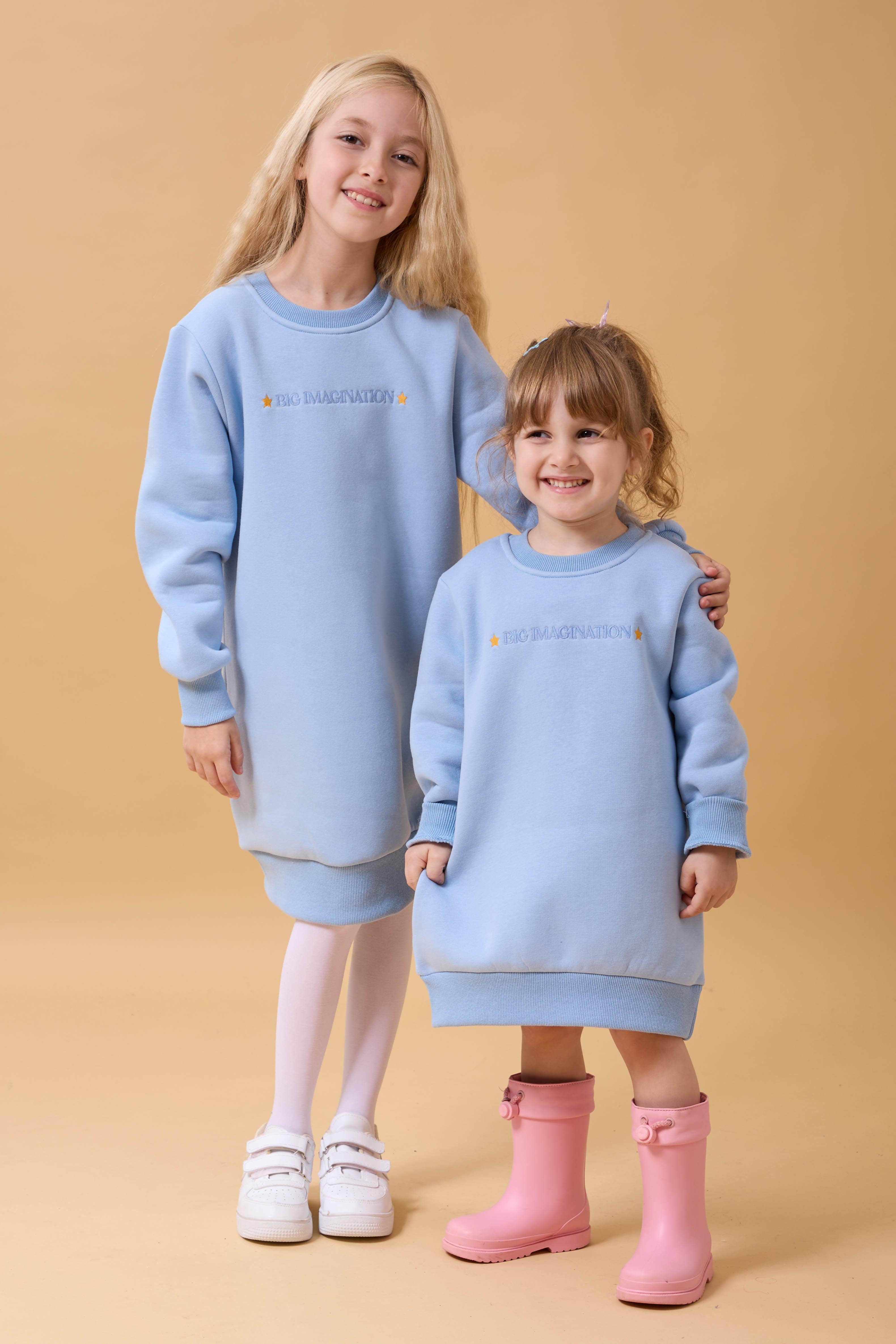 Kız Çocuk Bisiklet Yaka Nakış Detaylı İçi Polarlı Elbise