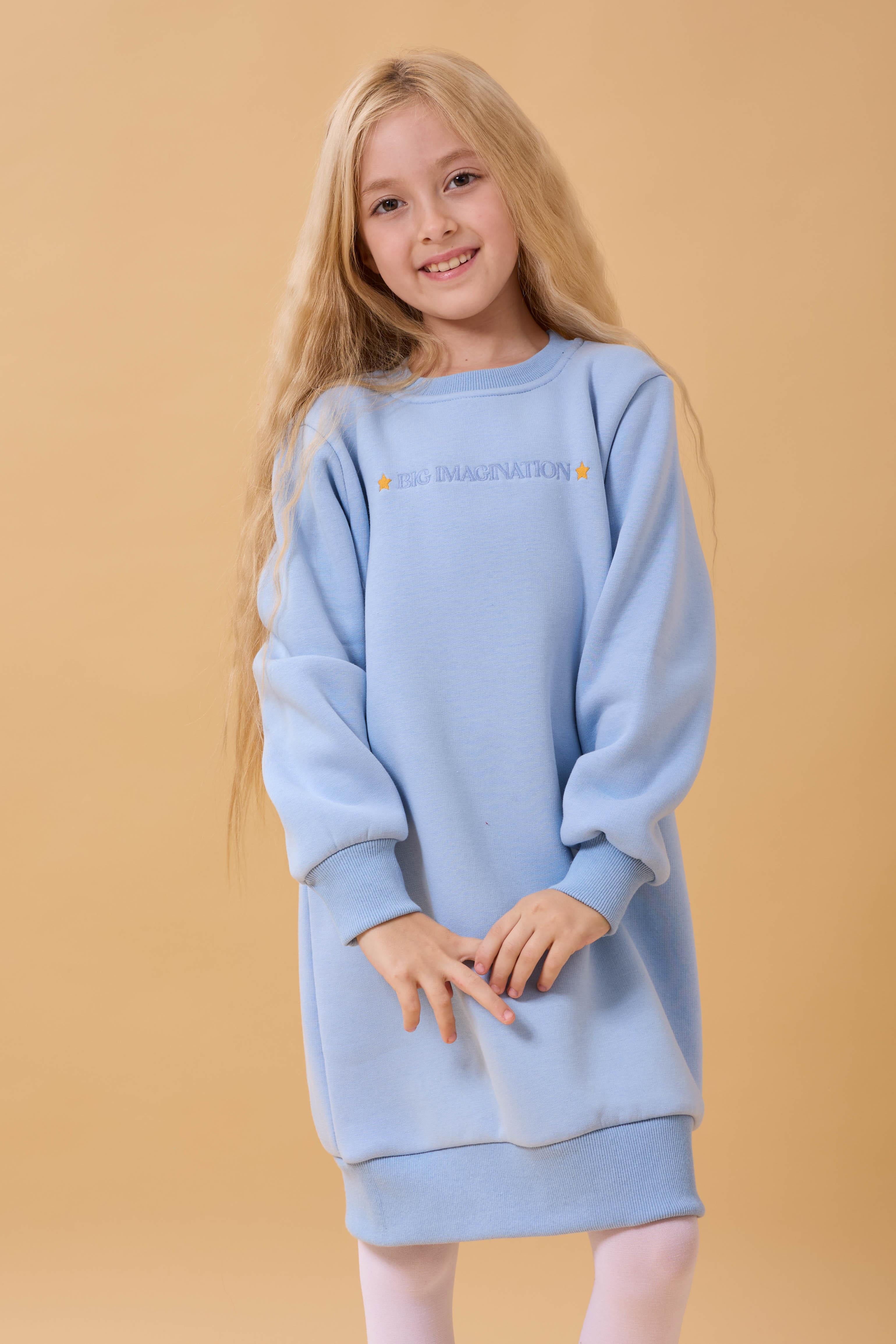 Kız Çocuk Bisiklet Yaka Nakış Detaylı İçi Polarlı Elbise Bebe Mavisi