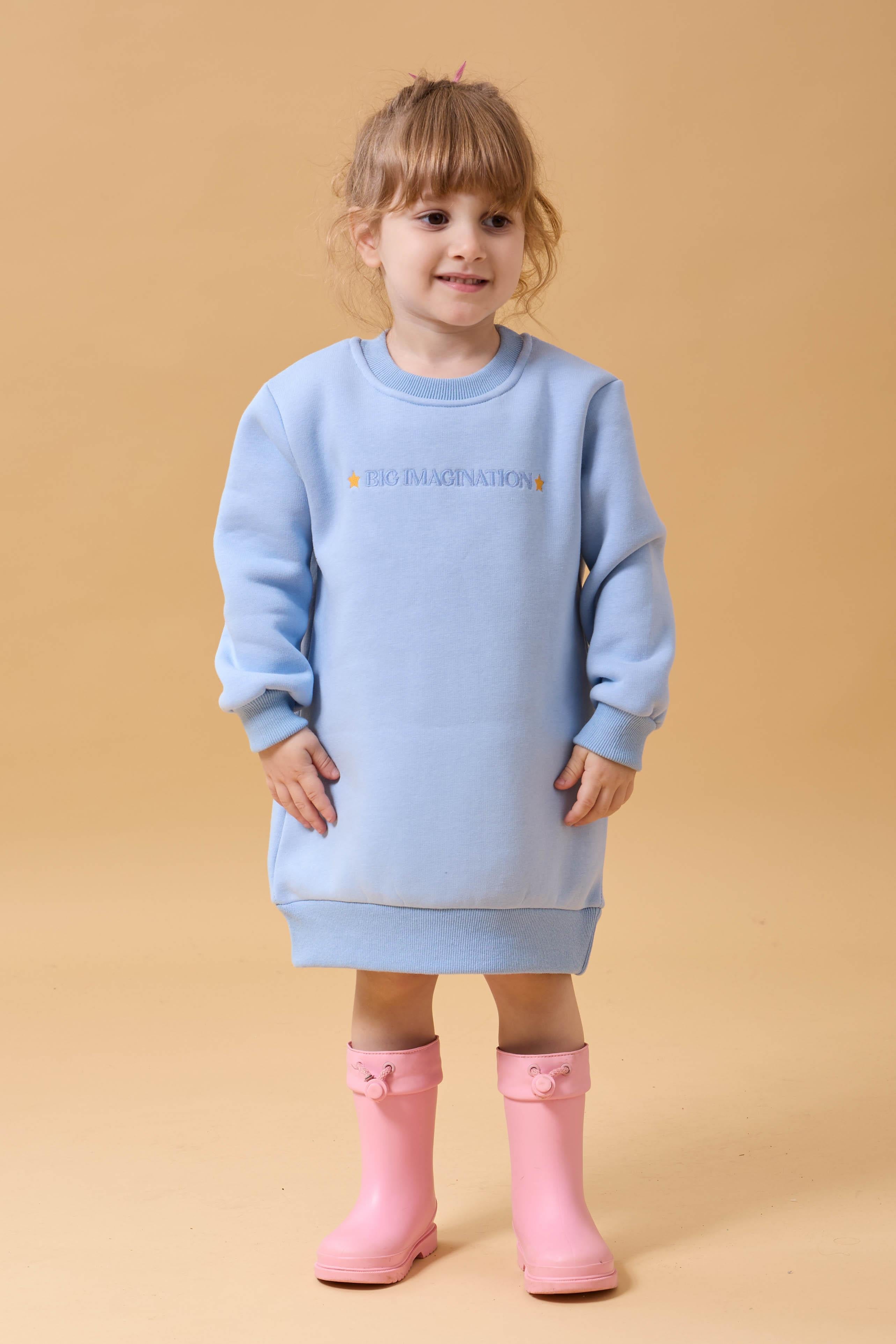 Kız Çocuk Bisiklet Yaka Nakış Detaylı İçi Polarlı Elbise Bebe Mavisi