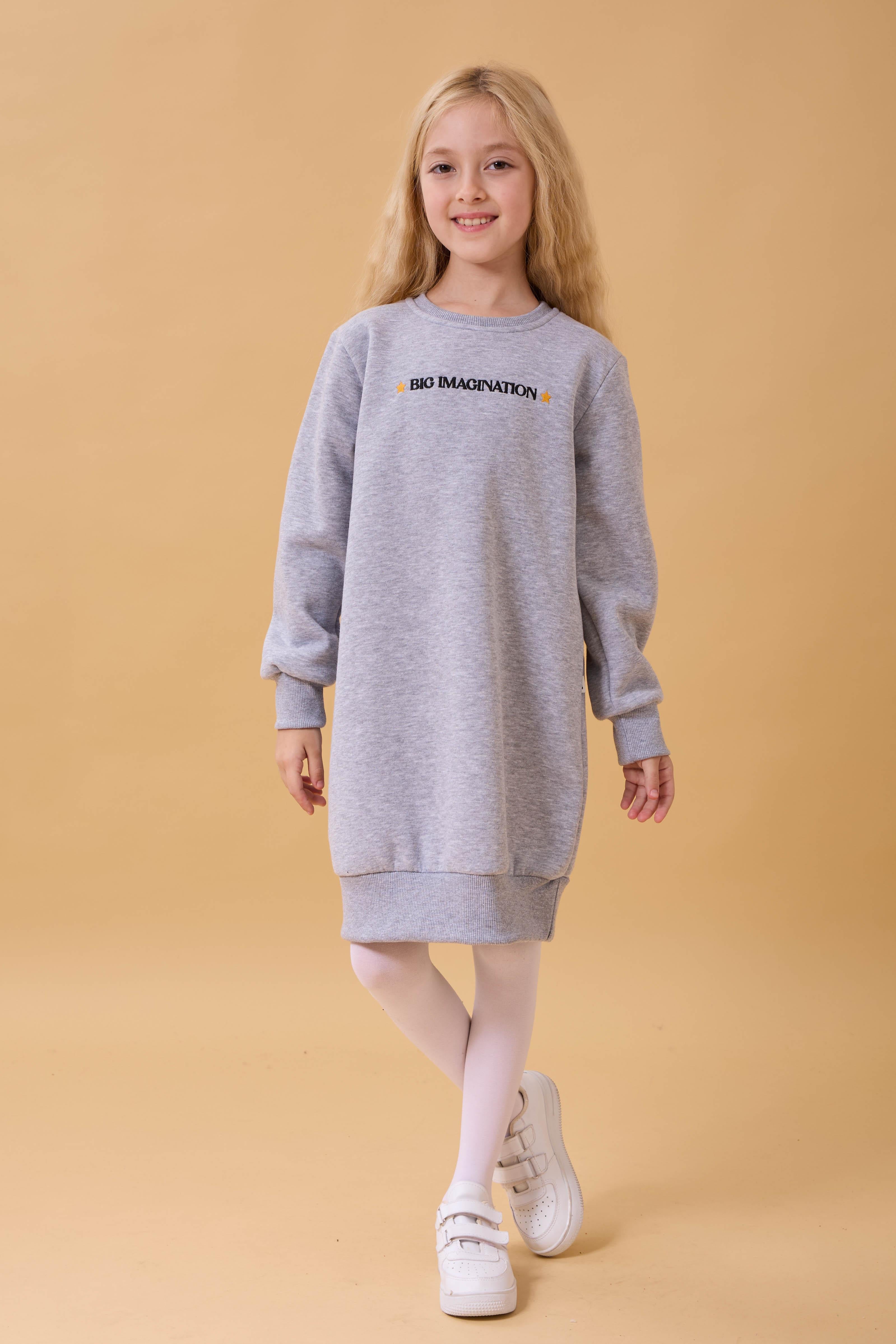 Kız Çocuk Bisiklet Yaka Nakış Detaylı İçi Polarlı Elbise Gri Melanj