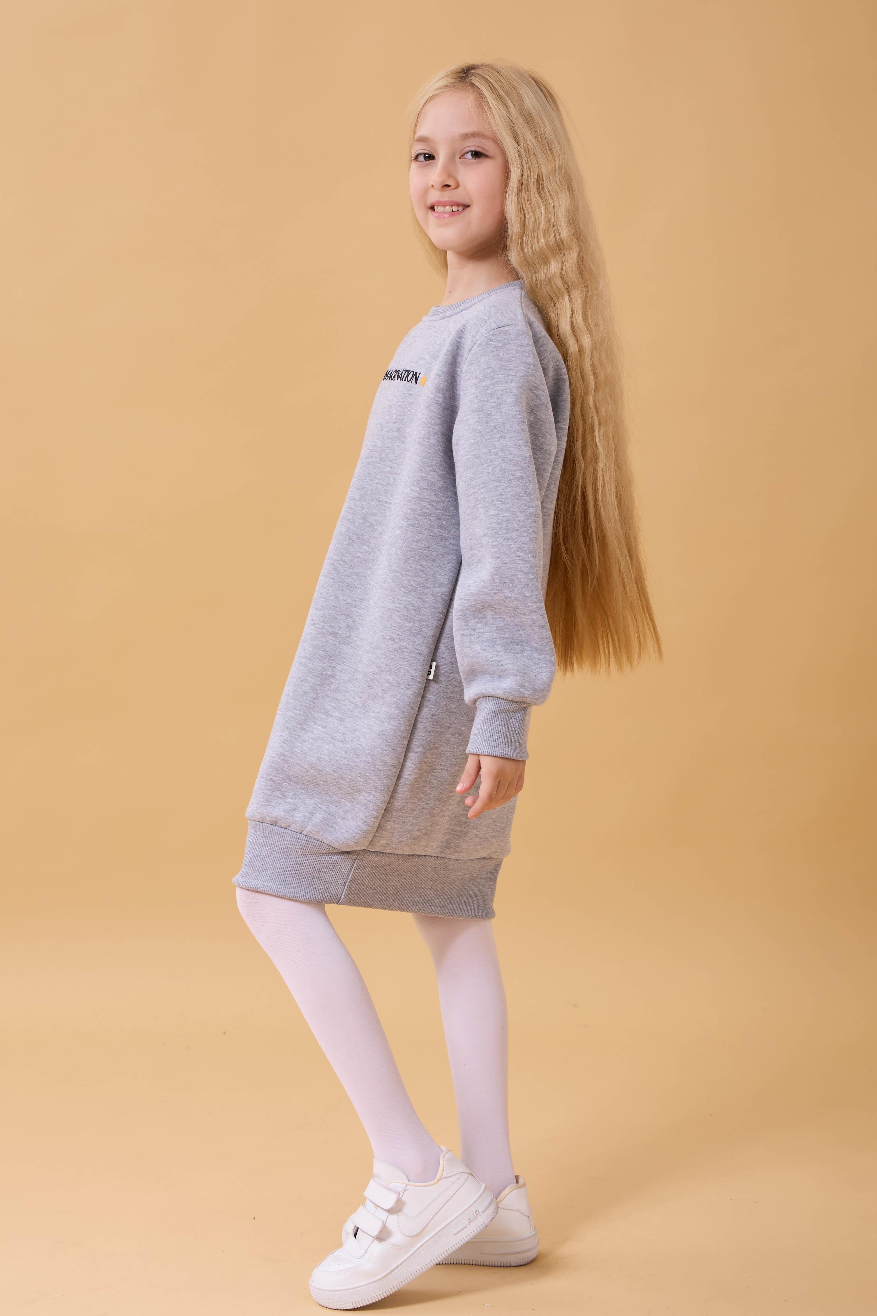 Kız Çocuk Bisiklet Yaka Nakış Detaylı İçi Polarlı Elbise Gri Melanj