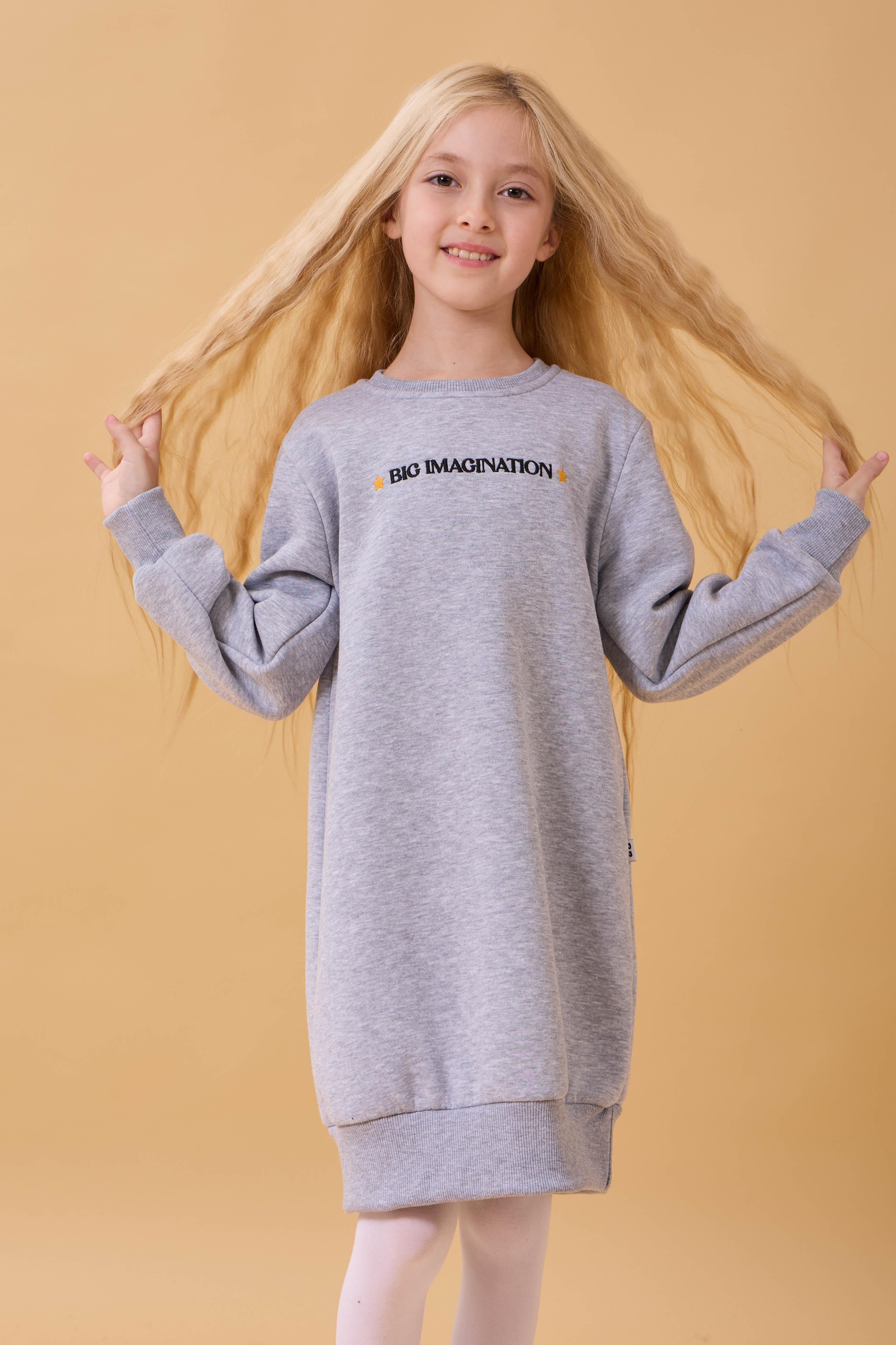 Kız Çocuk Bisiklet Yaka Nakış Detaylı İçi Polarlı Elbise Gri Melanj