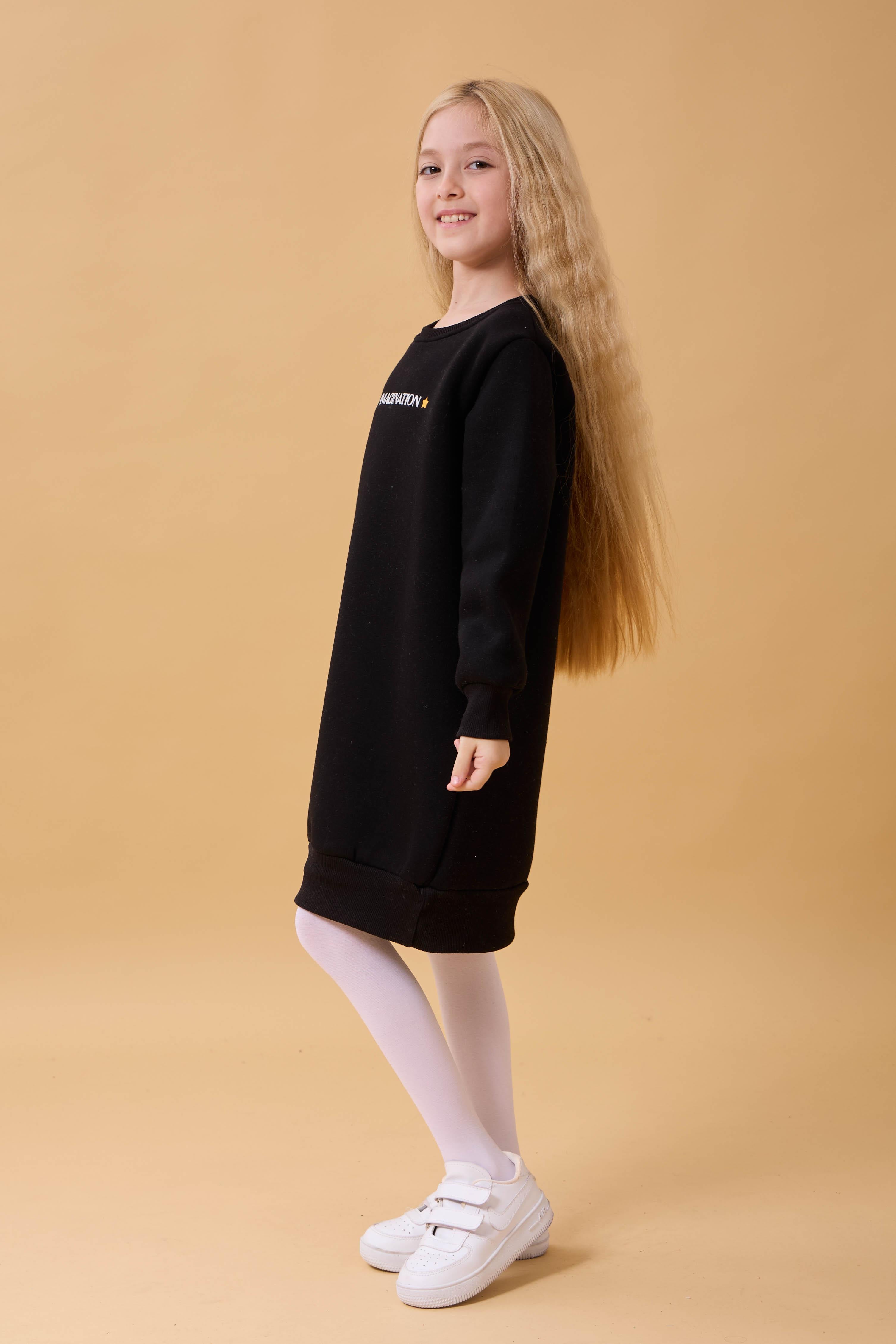 Kız Çocuk Bisiklet Yaka Nakış Detaylı İçi Polarlı Elbise Siyah