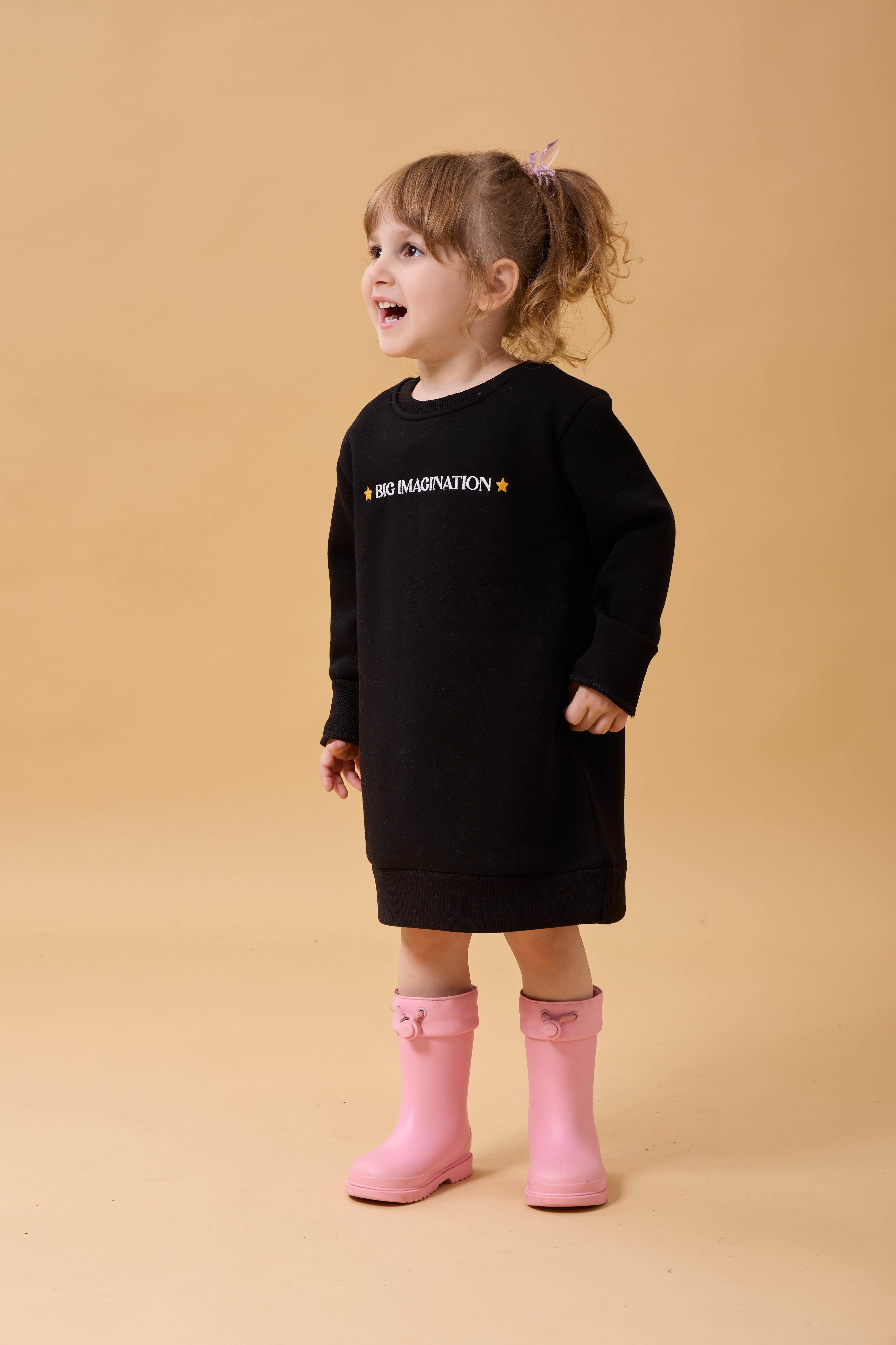 Kız Çocuk Bisiklet Yaka Nakış Detaylı İçi Polarlı Elbise Siyah