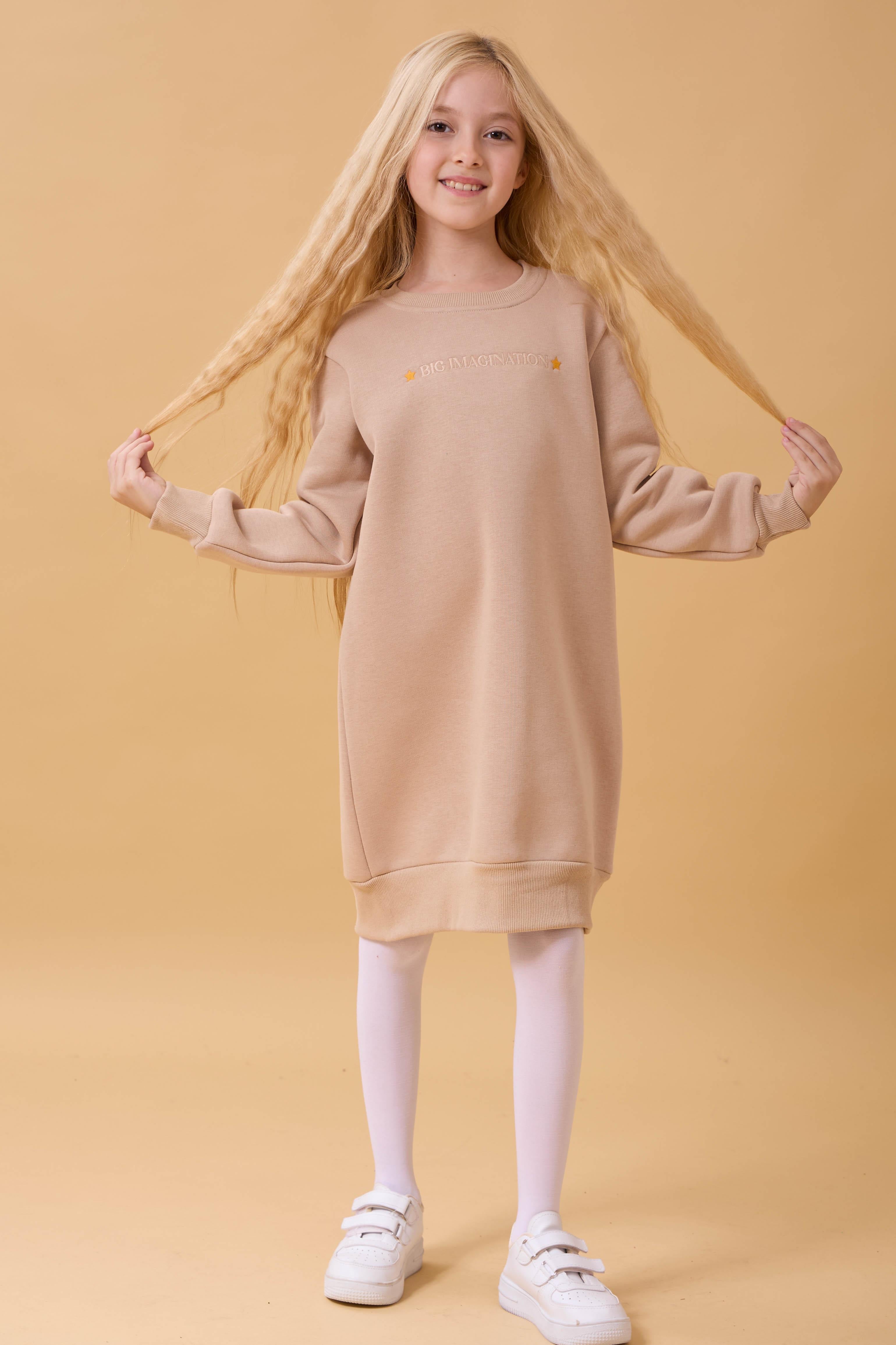 Kız Çocuk Bisiklet Yaka Nakış Detaylı İçi Polarlı Elbise Taş