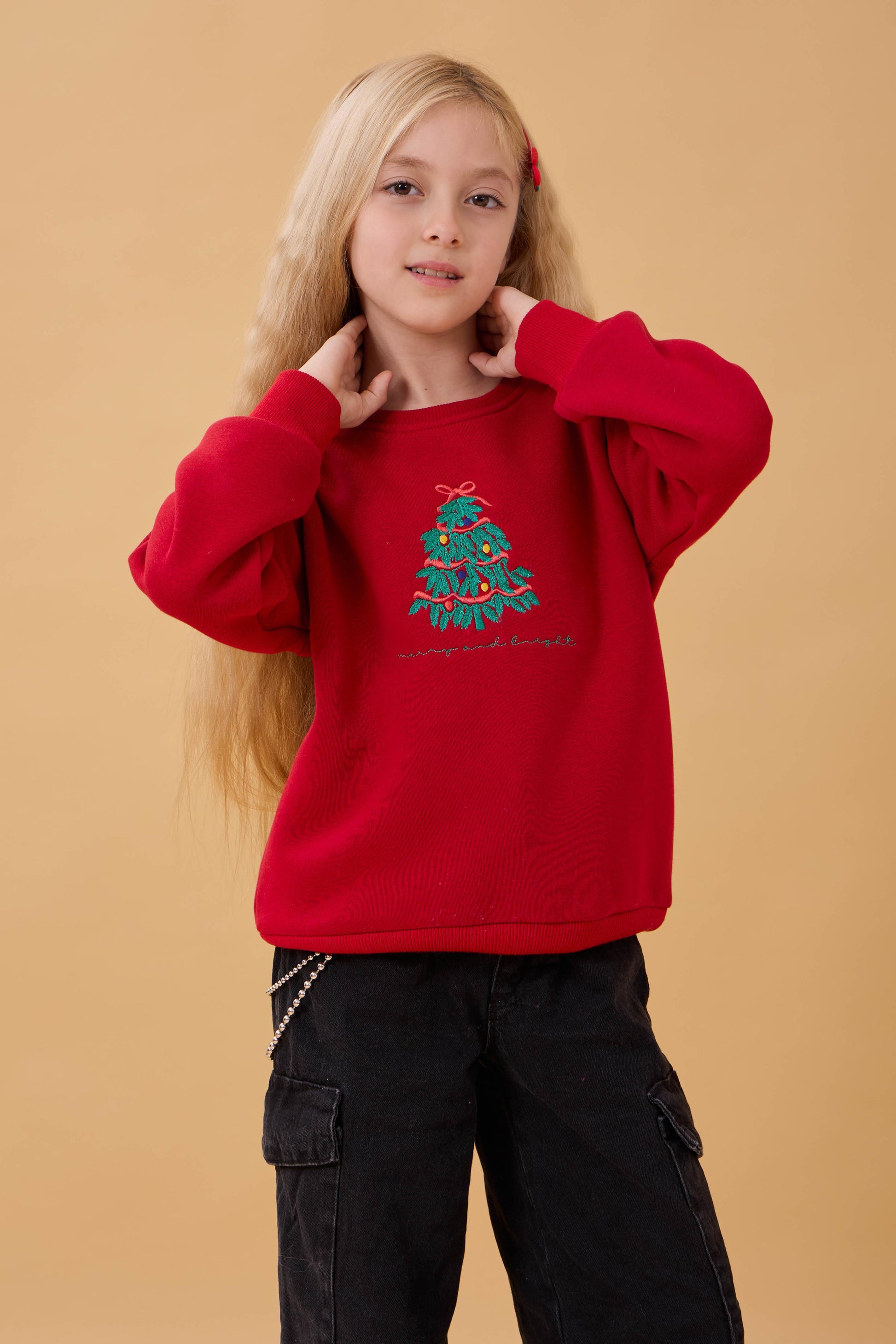 Kız Çocuk Bisiklet Yaka Nakış Detaylı Kışlık Sweatshirt