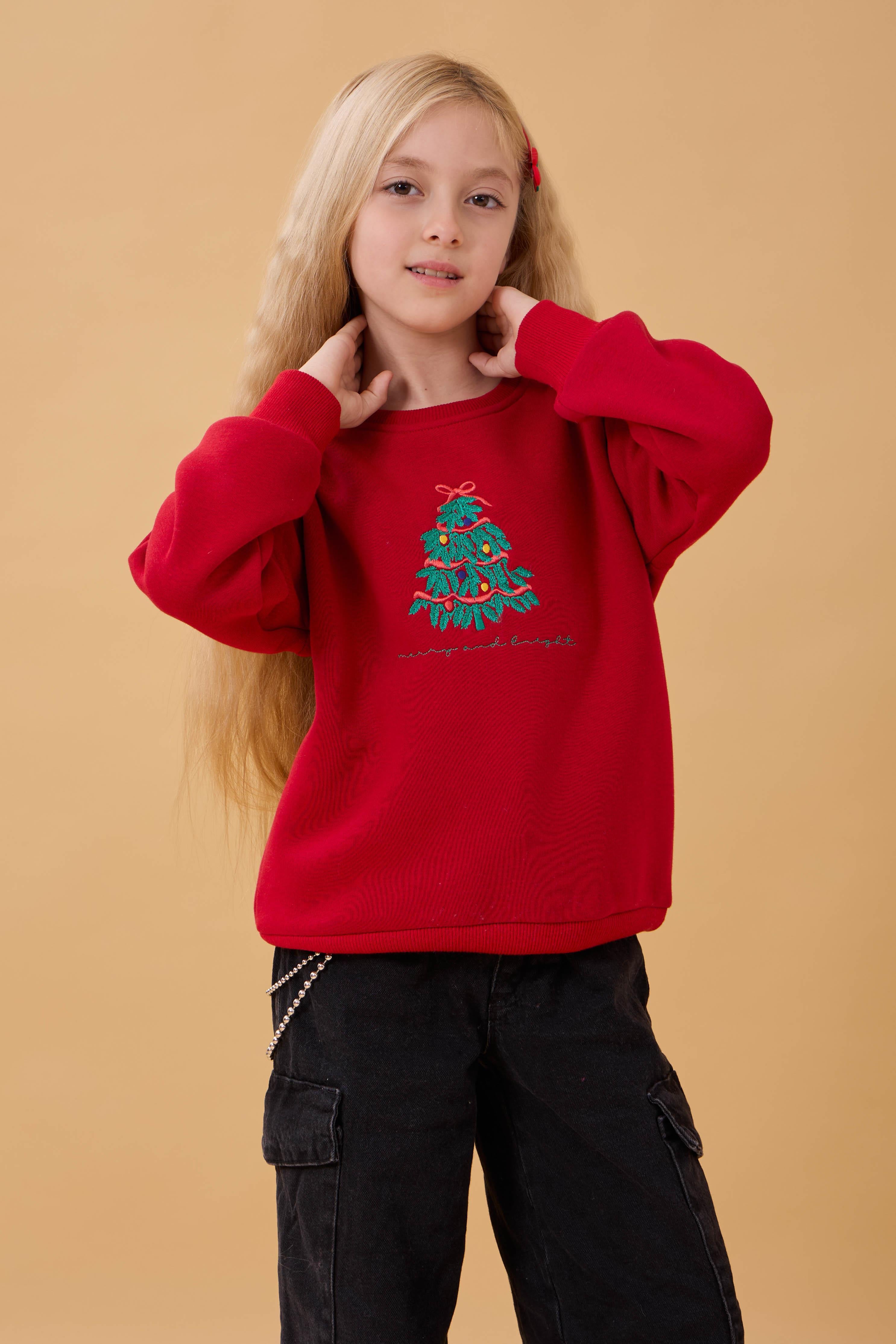 Kız Çocuk Bisiklet Yaka Nakış Detaylı Kışlık Sweatshirt