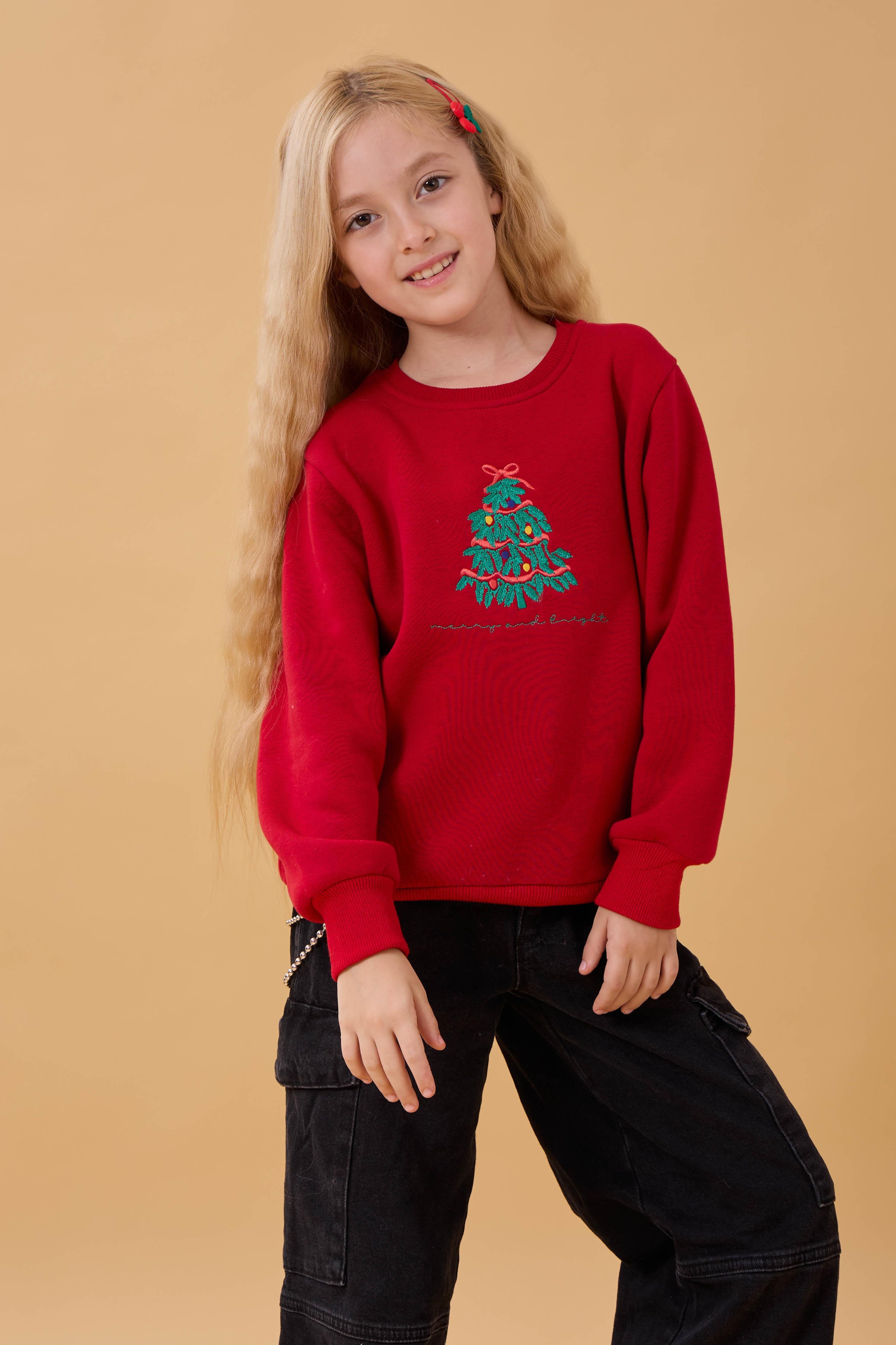 Kız Çocuk Bisiklet Yaka Nakış Detaylı Kışlık Sweatshirt