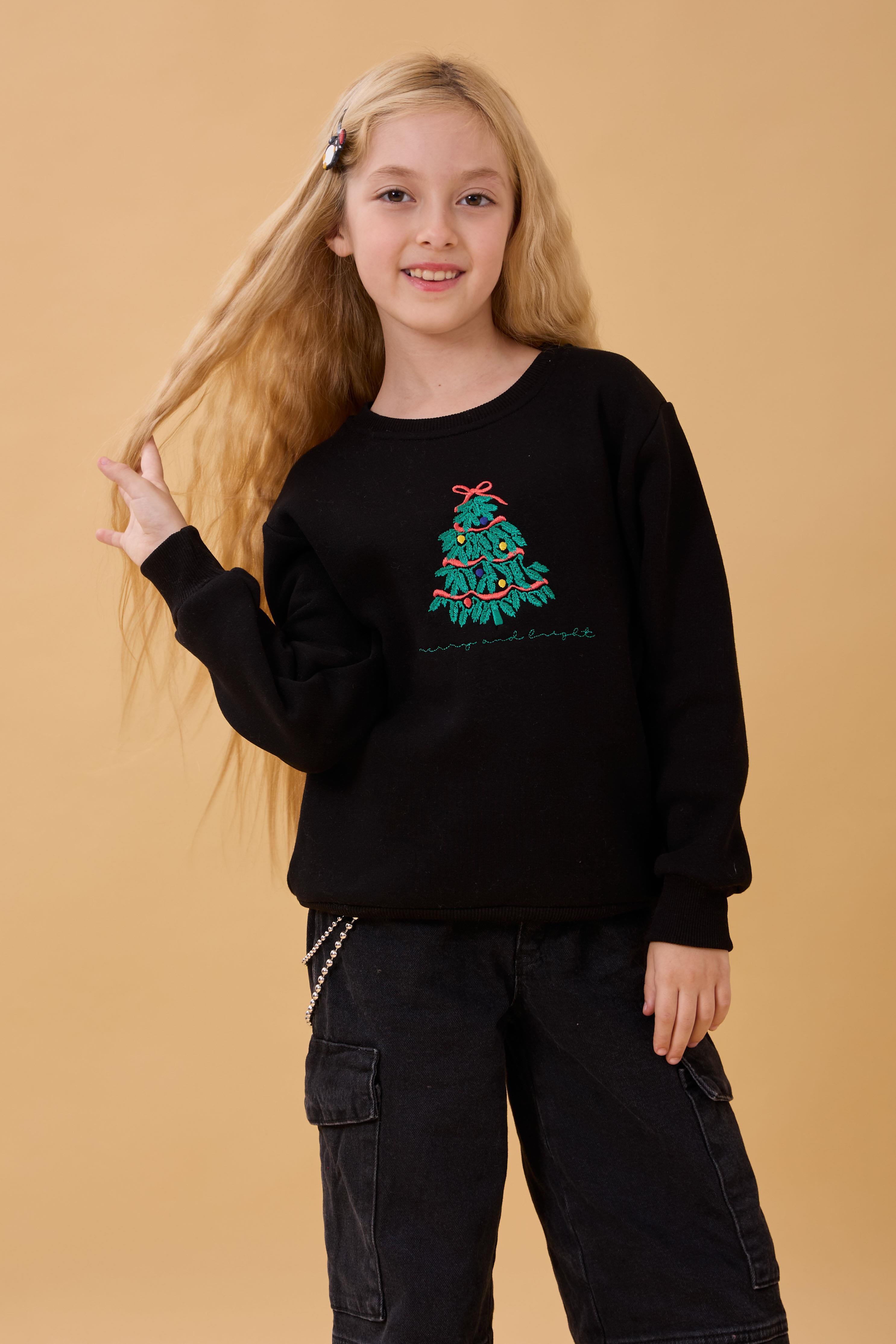 Kız Çocuk Bisiklet Yaka Nakış Detaylı Kışlık Sweatshirt