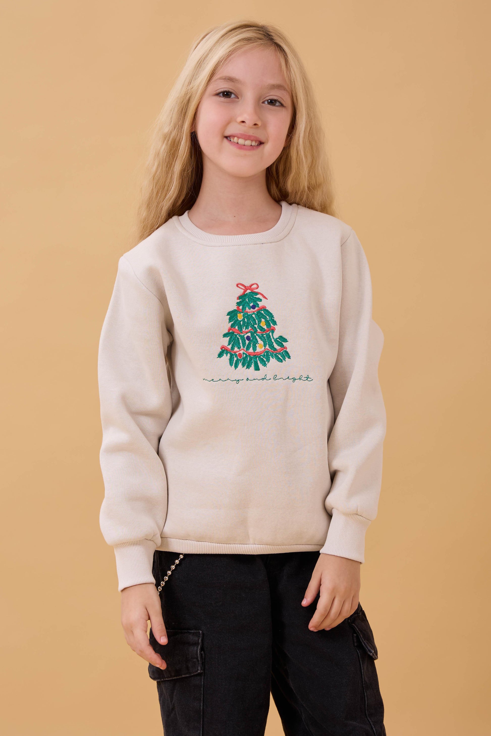 Kız Çocuk Bisiklet Yaka Nakış Detaylı Kışlık Sweatshirt