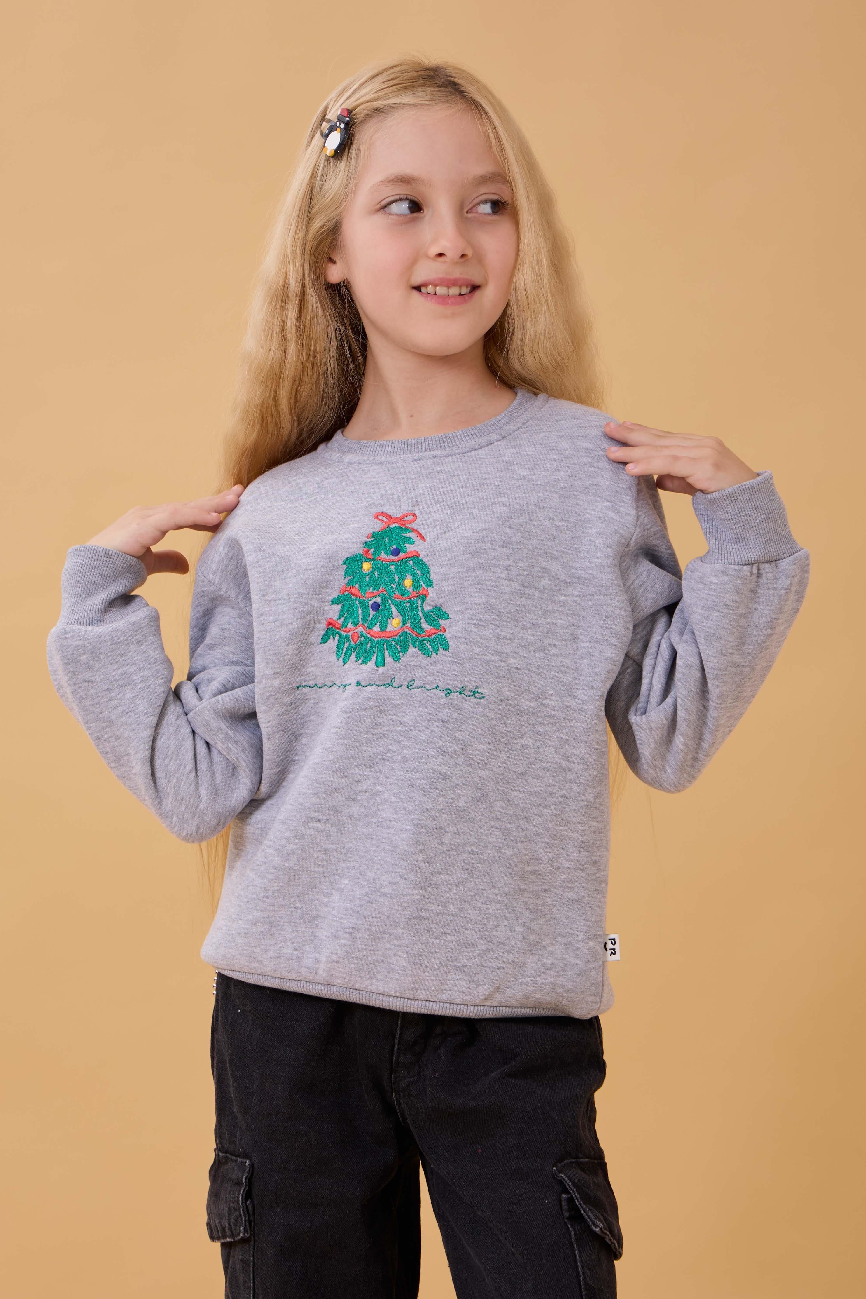 Kız Çocuk Bisiklet Yaka Nakış Detaylı Kışlık Sweatshirt – Gri Melanj