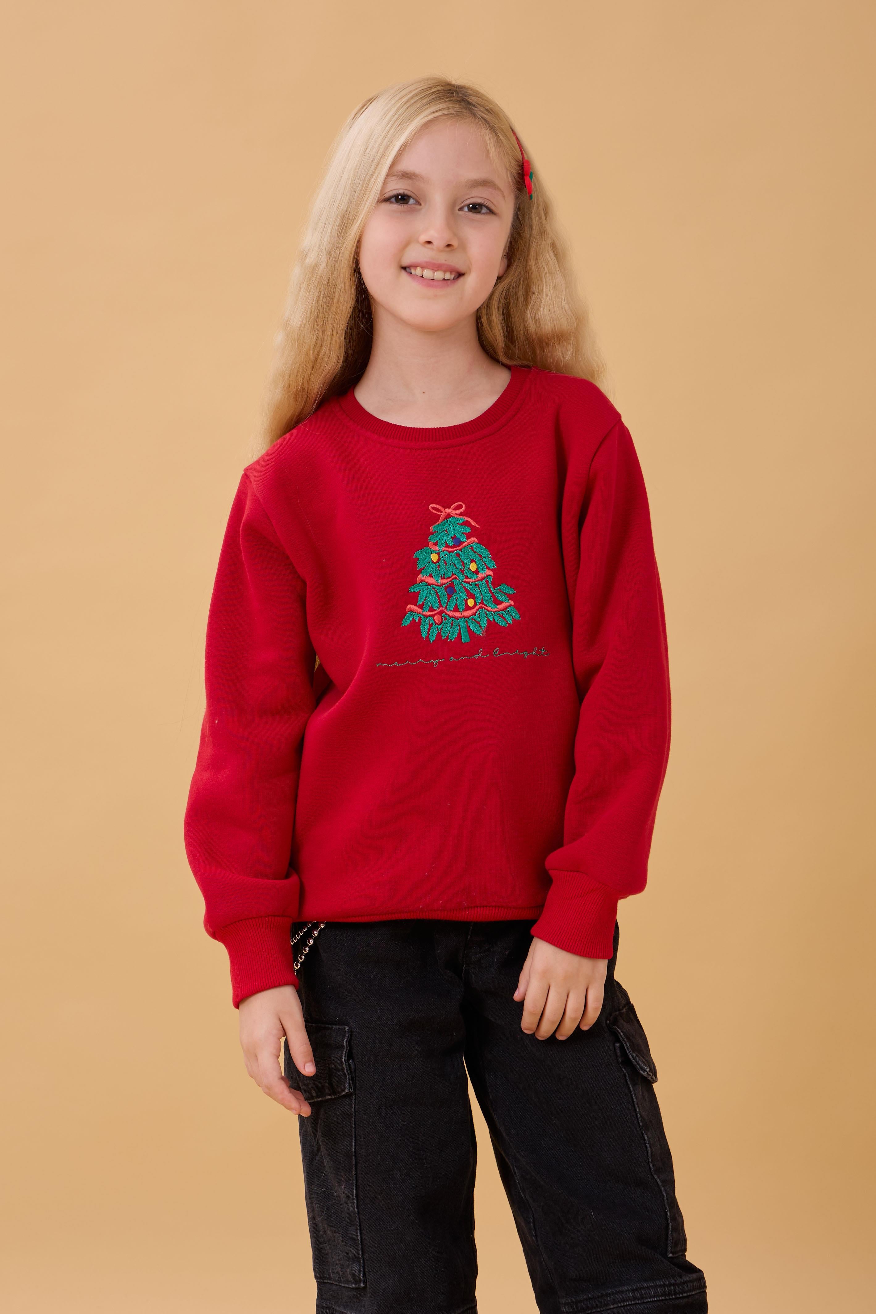 Kız Çocuk Bisiklet Yaka Nakış Detaylı Kışlık Sweatshirt – Kırmızı