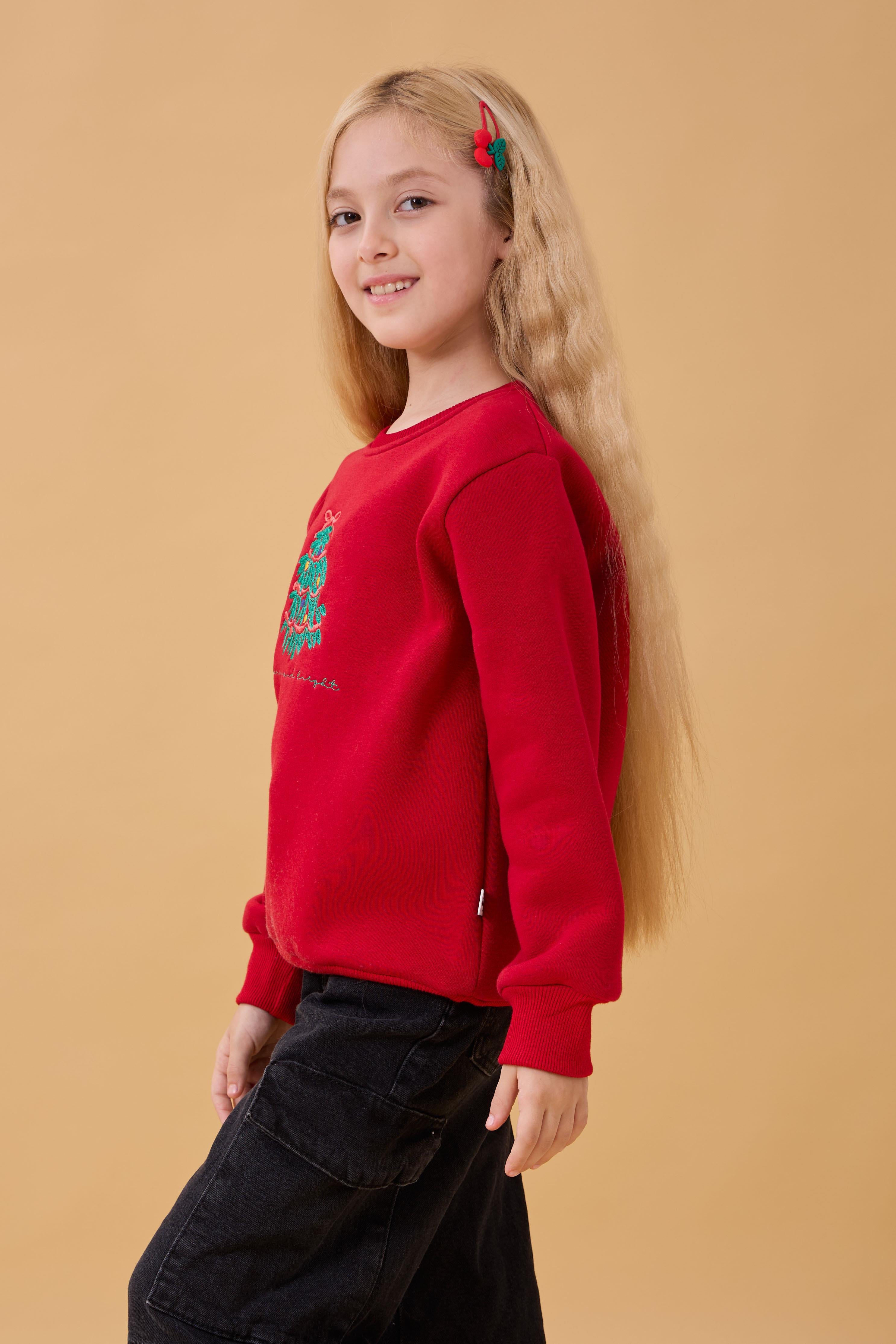 Kız Çocuk Bisiklet Yaka Nakış Detaylı Kışlık Sweatshirt – Kırmızı