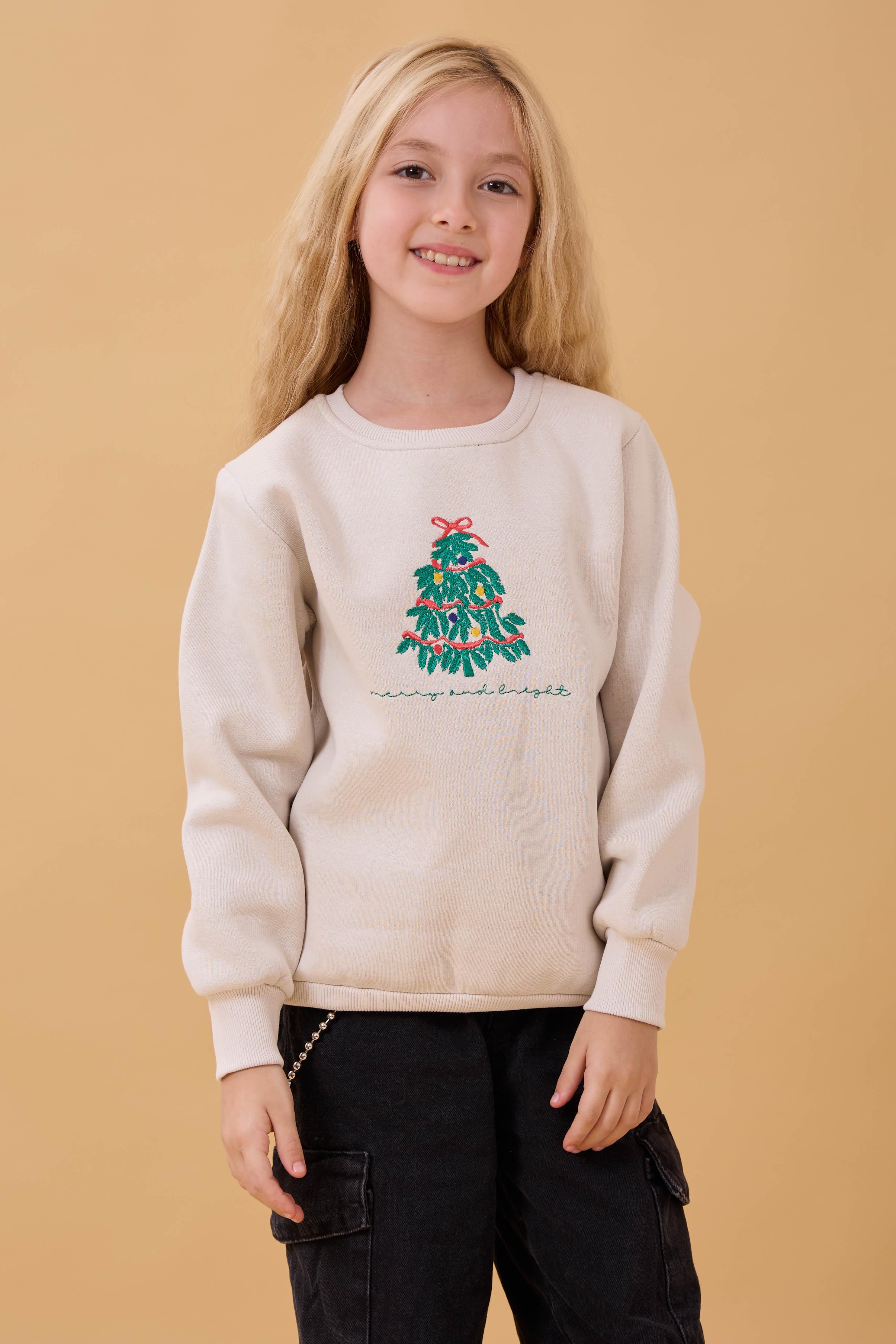 Kız Çocuk Bisiklet Yaka Nakış Detaylı Kışlık Sweatshirt – Taş