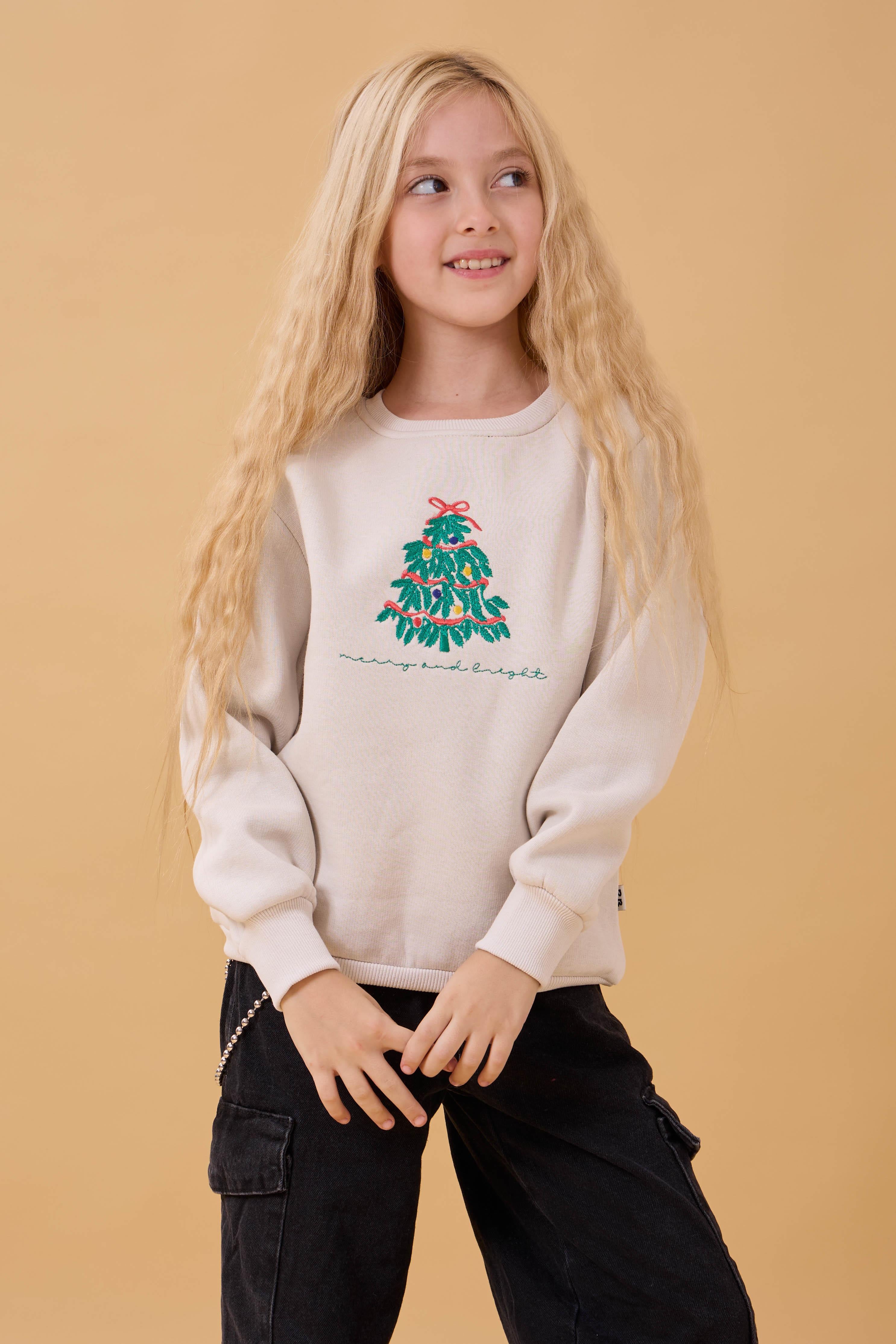 Kız Çocuk Bisiklet Yaka Nakış Detaylı Kışlık Sweatshirt – Taş