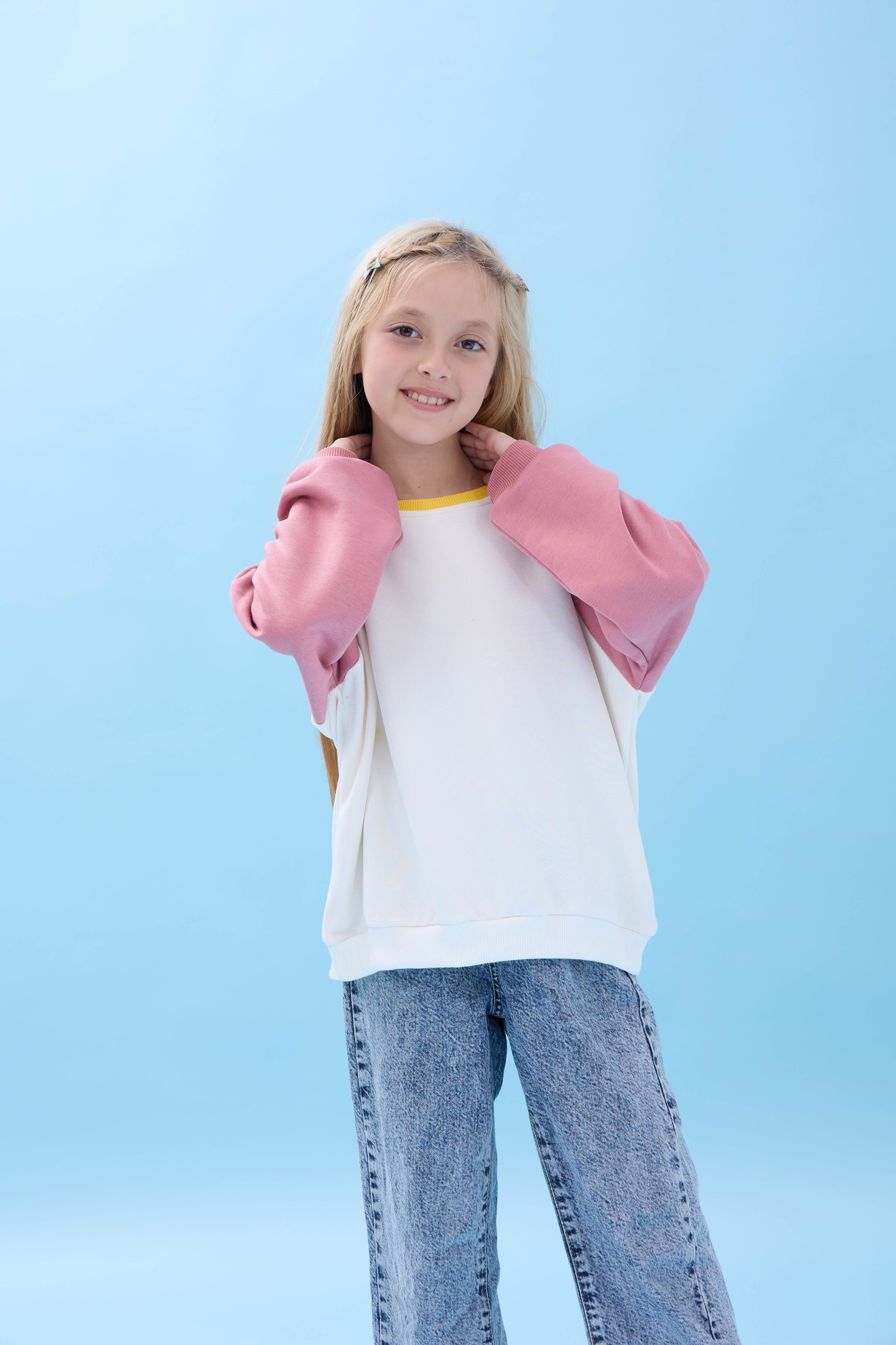 Kız Çocuk Bisiklet Yaka Renkli Basic Oversize Mevsimlik Kreş Sweatshirt - Ekru/Gül Kurusu