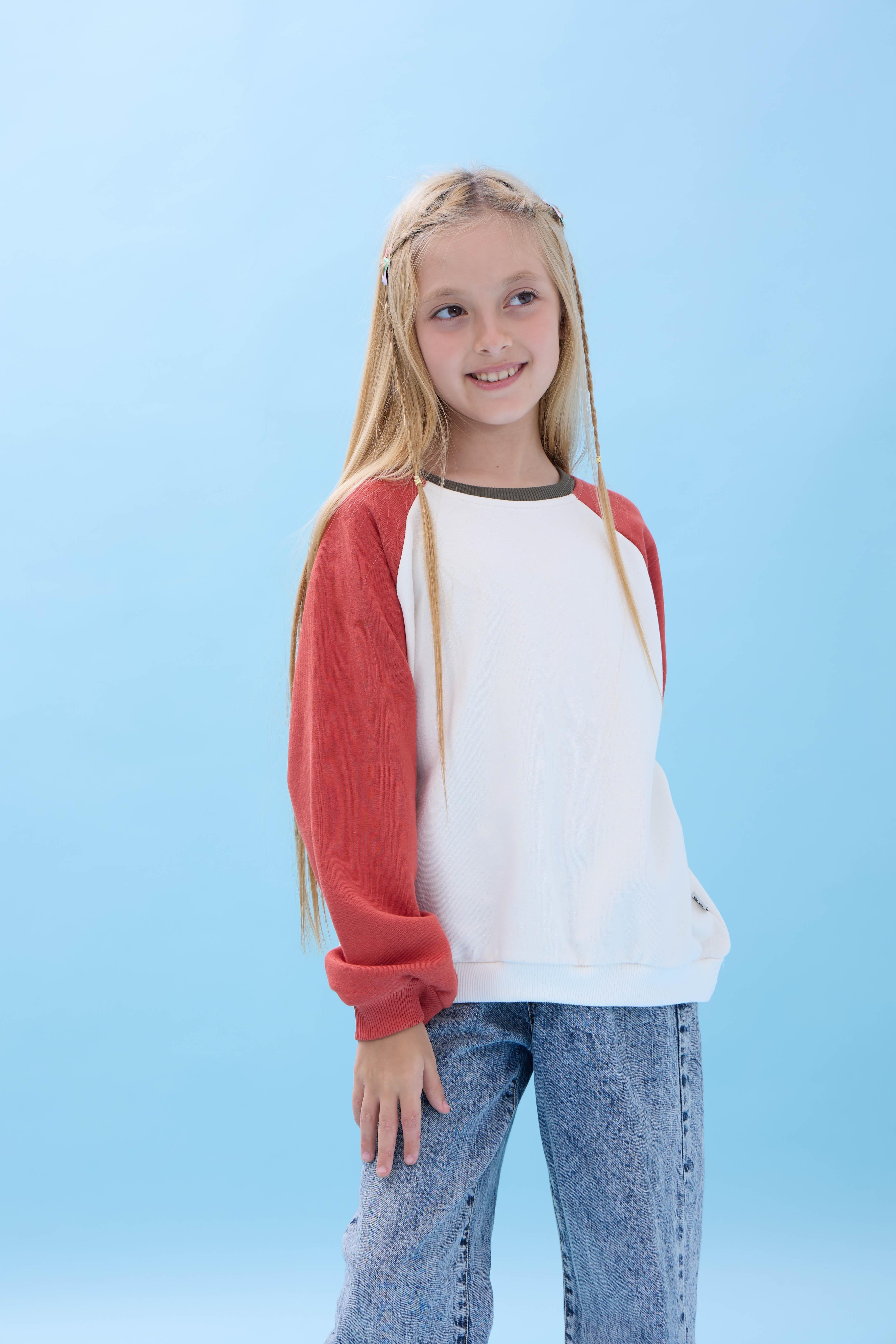 Kız Çocuk Bisiklet Yaka Renkli Basic Oversize Mevsimlik Kreş Sweatshirt - Ekru/Kiremit
