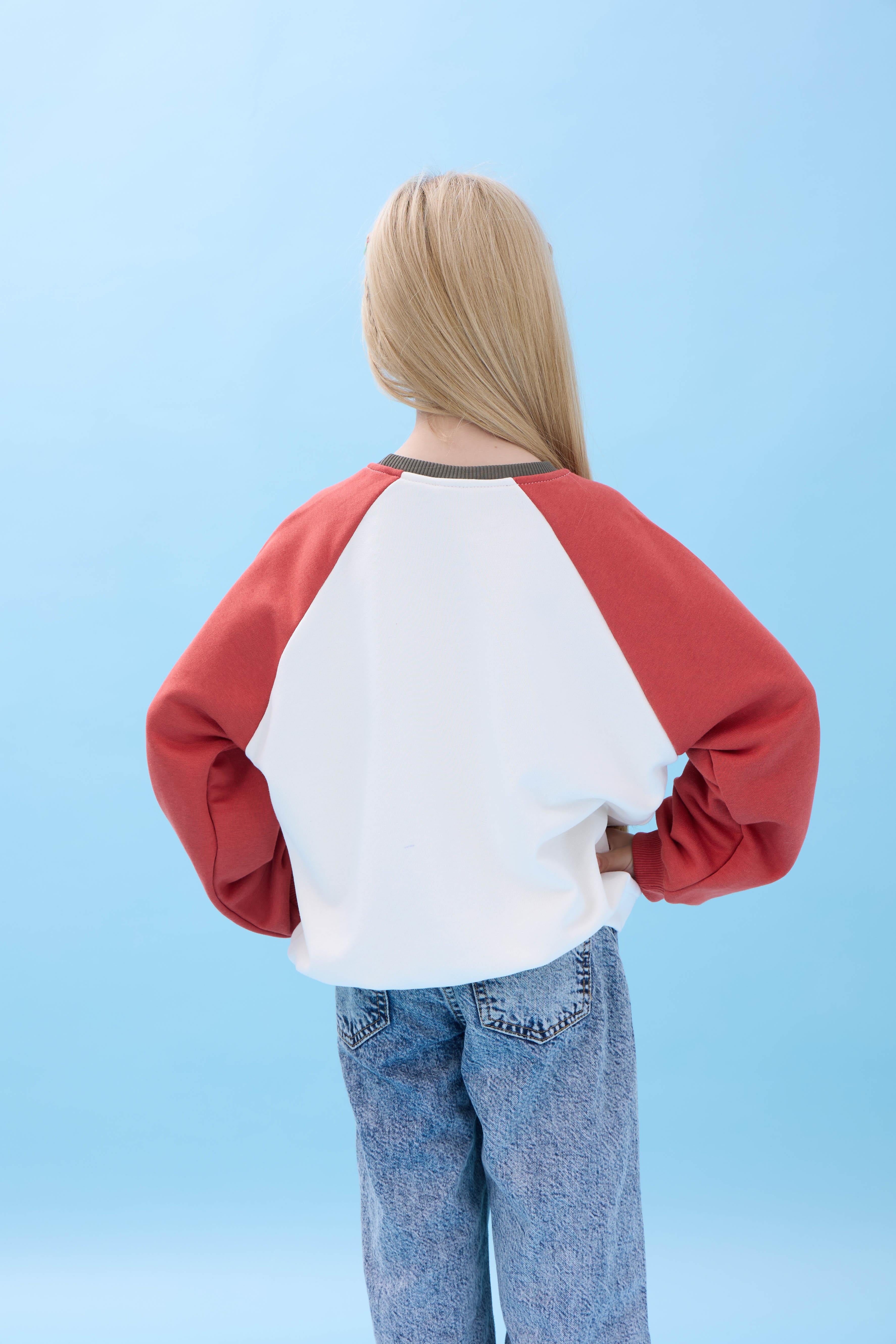 Kız Çocuk Bisiklet Yaka Renkli Basic Oversize Mevsimlik Kreş Sweatshirt - Ekru/Kiremit