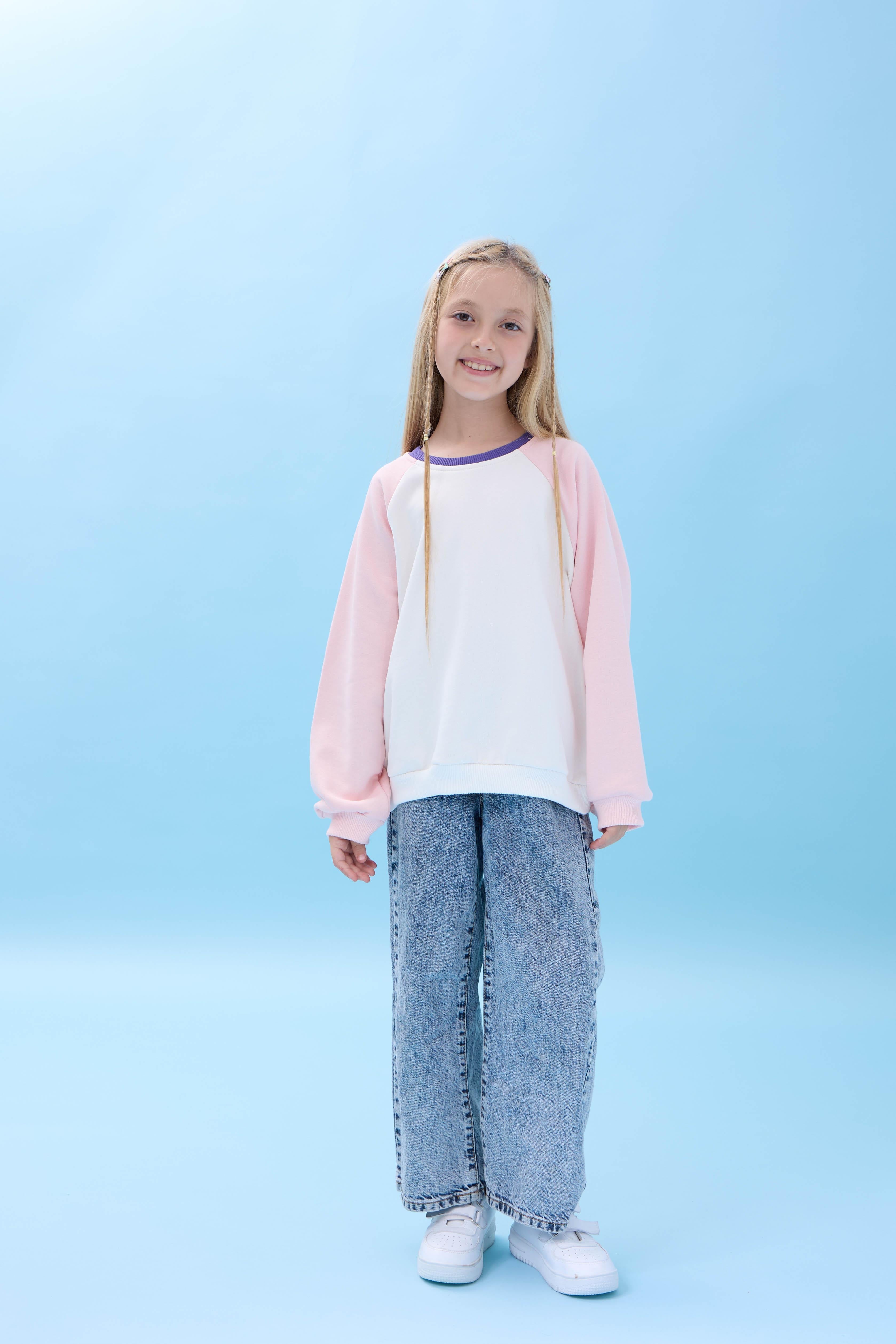 Kız Çocuk Bisiklet Yaka Renkli Basic Oversize Mevsimlik Kreş Sweatshirt - Ekru/Pembe