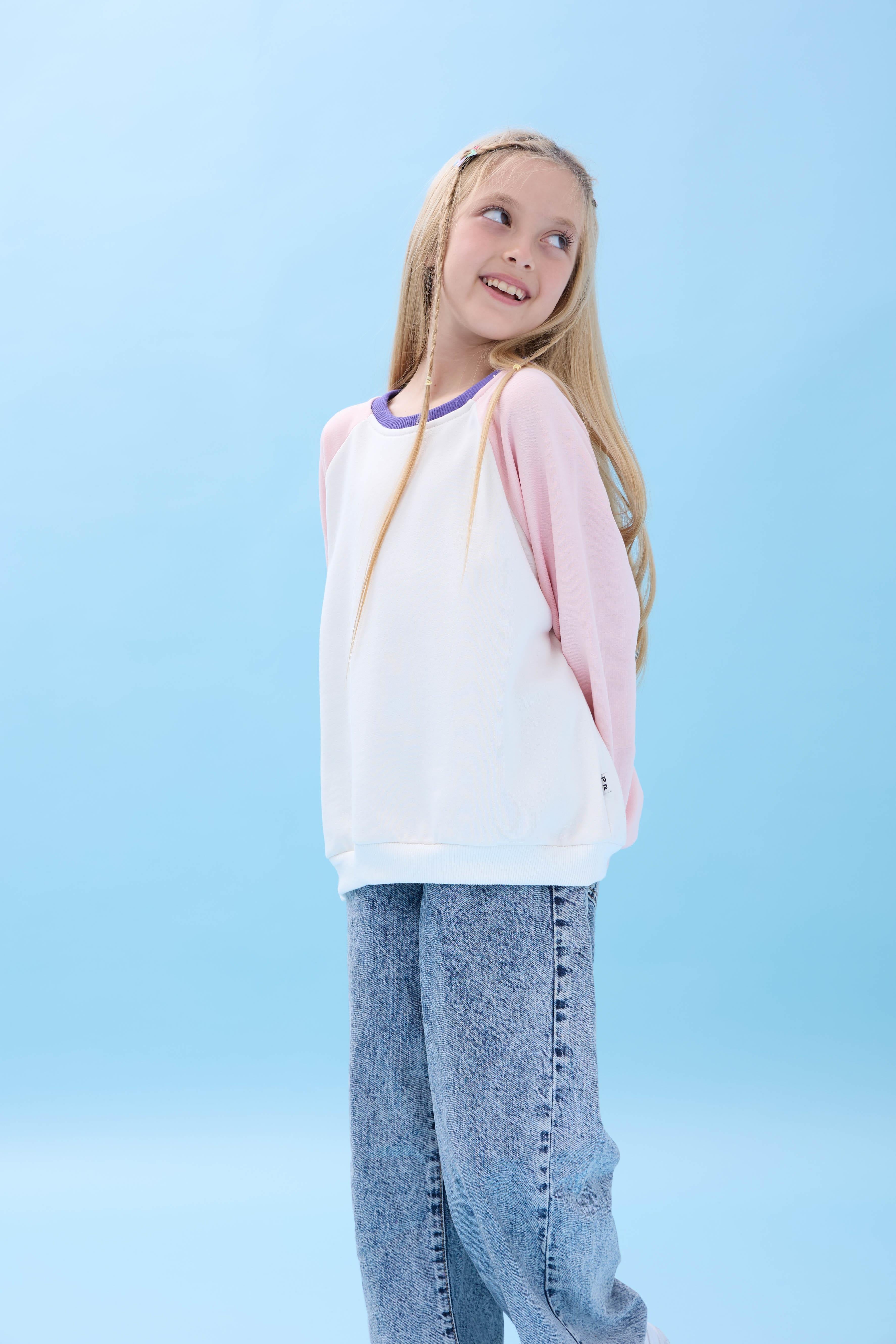 Kız Çocuk Bisiklet Yaka Renkli Basic Oversize Mevsimlik Kreş Sweatshirt - Ekru/Pembe