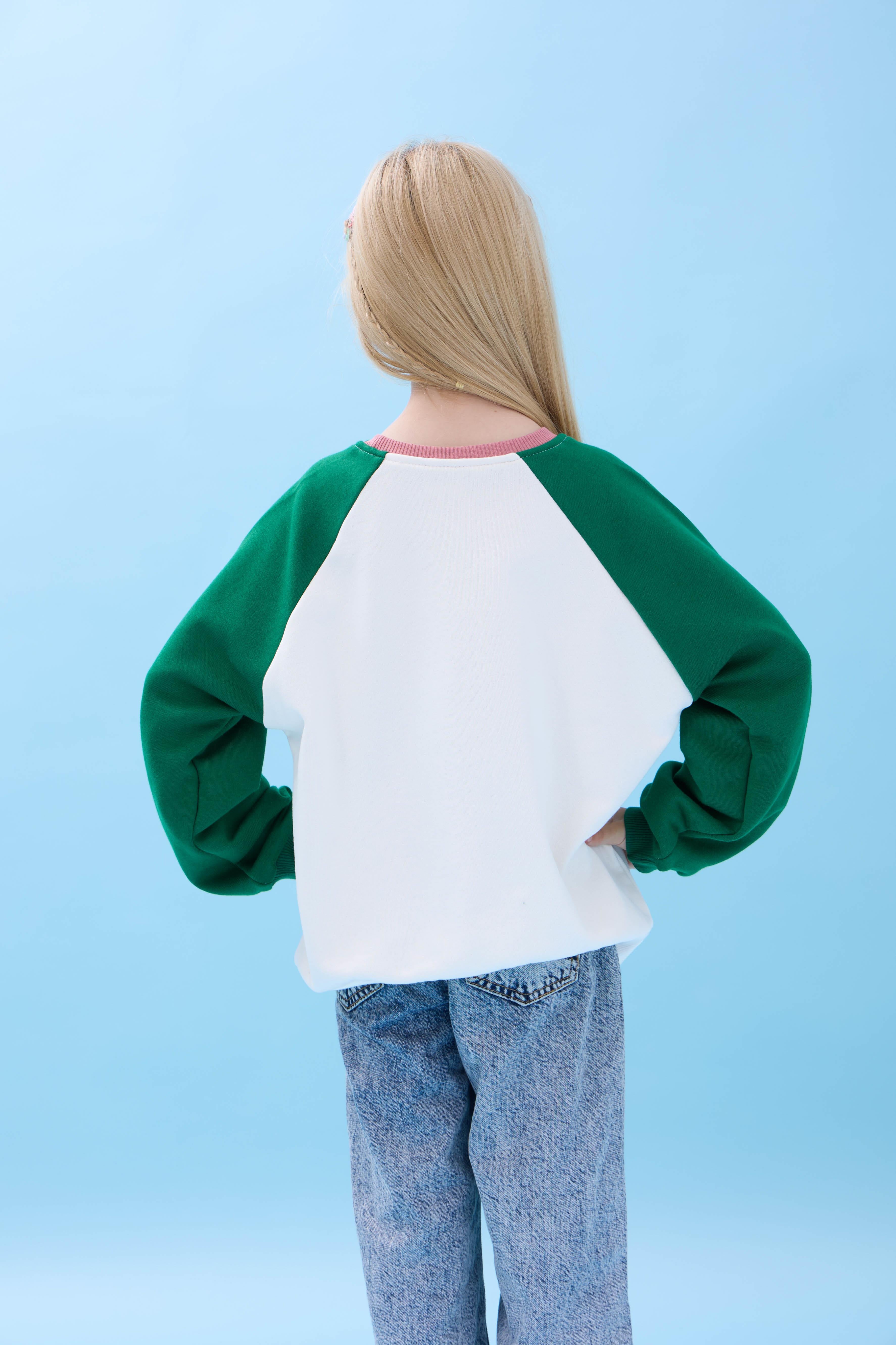 Kız Çocuk Bisiklet Yaka Renkli Basic Oversize Mevsimlik Kreş Sweatshirt - Ekru/Yeşil
