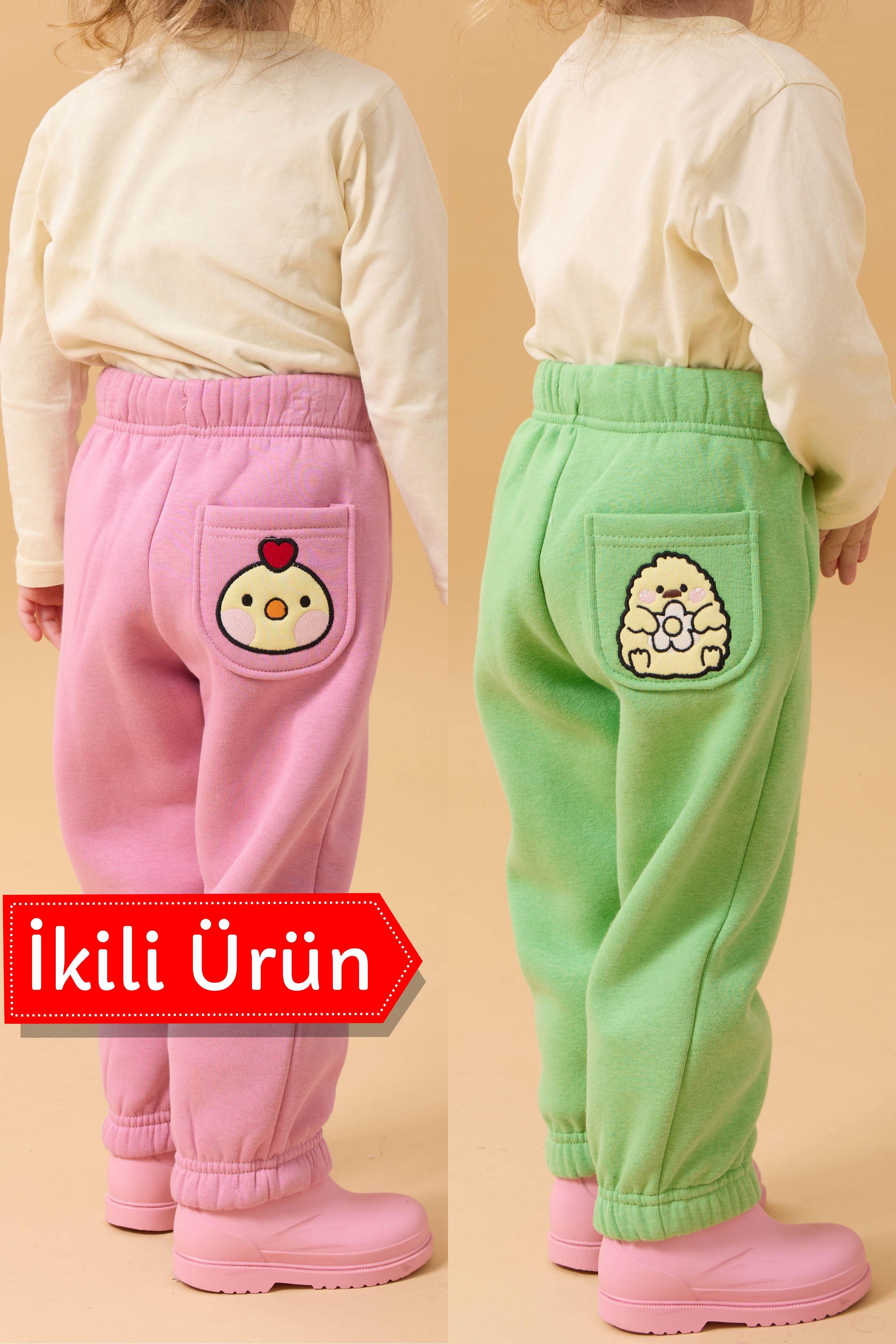 Kız Çocuk Cep Nakışlı Civciv ve Sarı Kuş 2'li Eşofman Altı Yeşil-Pembe