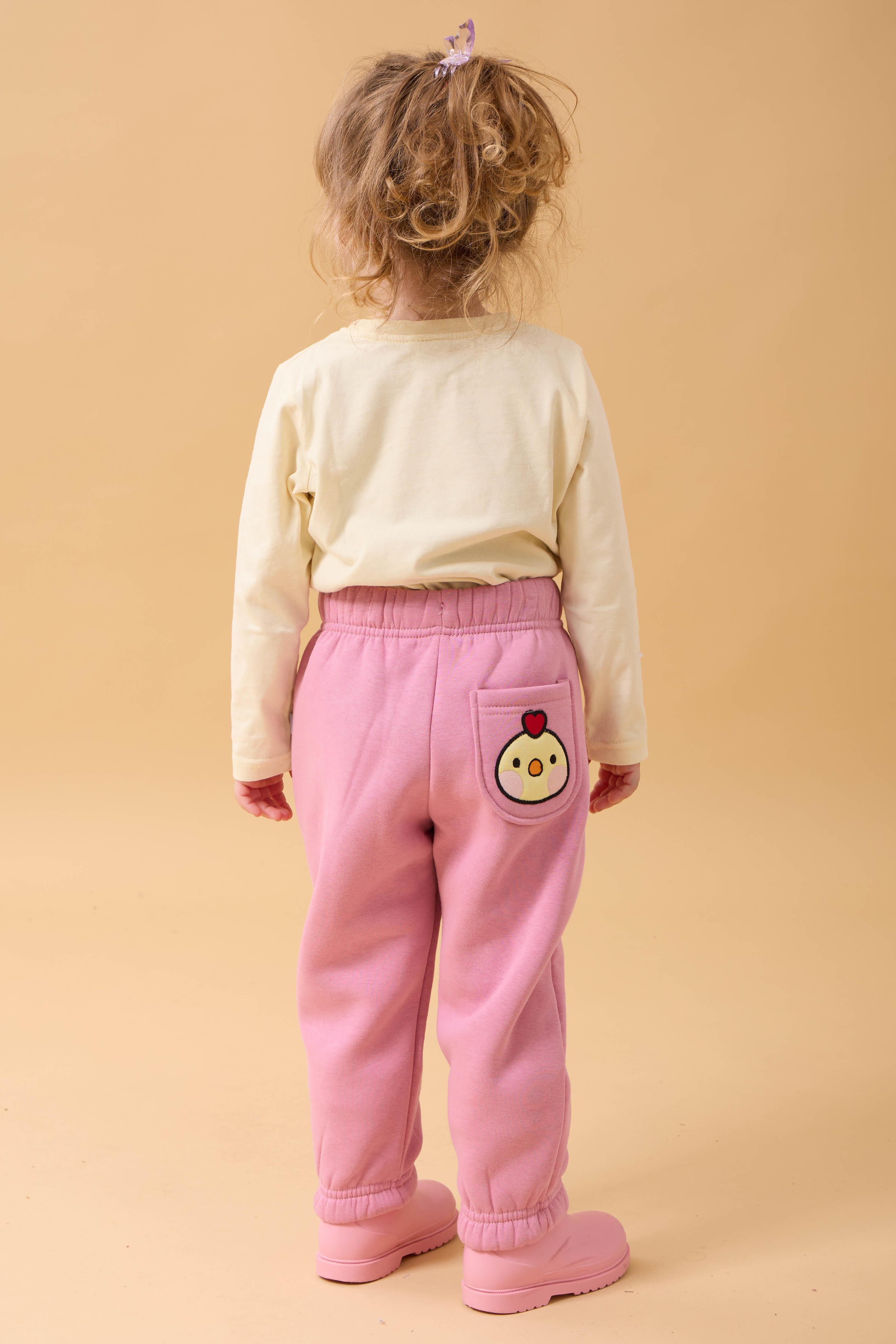 Kız Çocuk Cep Nakışlı Civciv ve Sarı Kuş 2'li Eşofman Altı Yeşil-Pembe