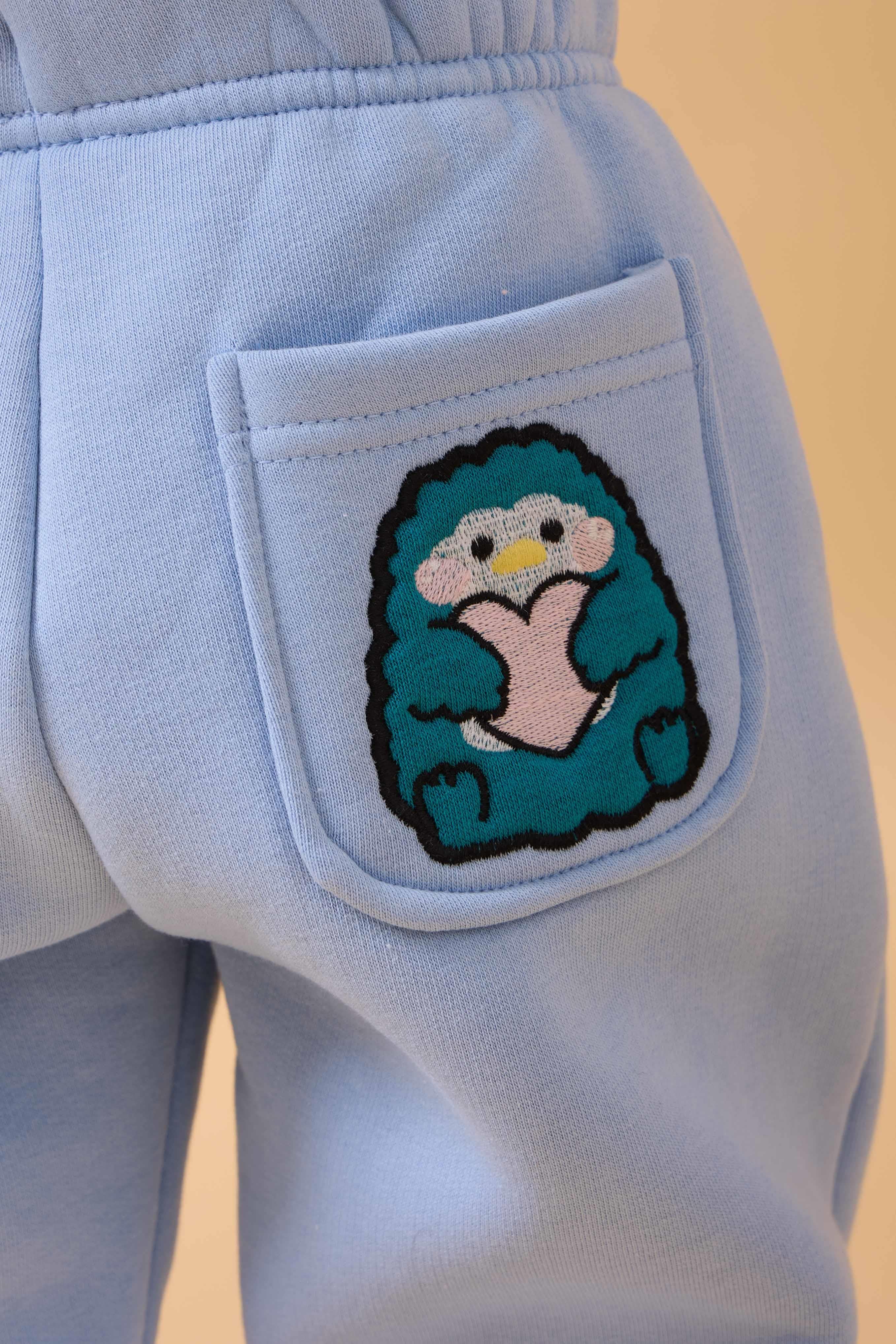 Kız Çocuk Cep Nakışlı Kuzu ve Mavi Kuş 2'li Eşofman Altı Somon-Bebe Mavisi