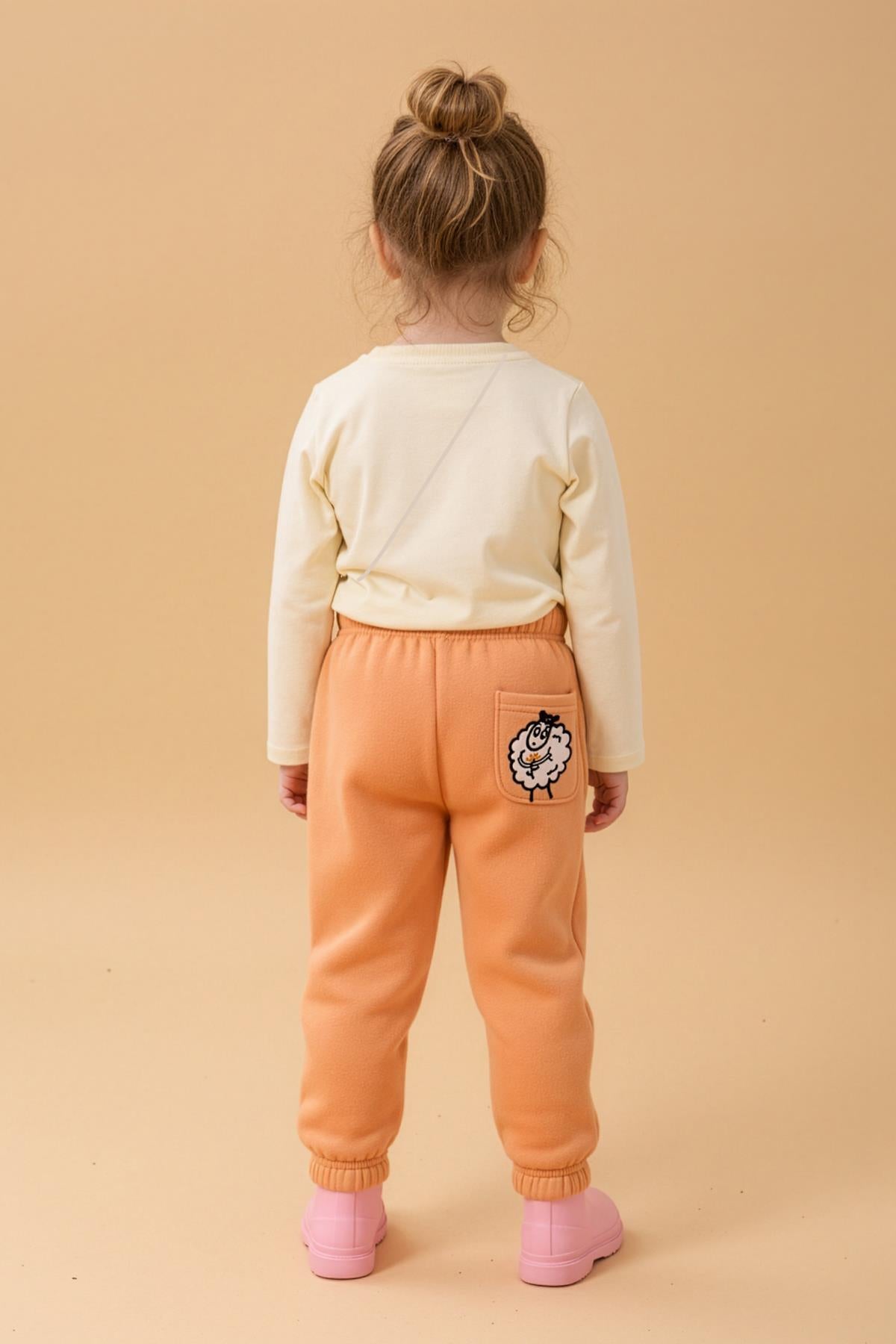 Kız Çocuk Cep Nakışlı Kuzu ve Mavi Kuş 2'li Eşofman Altı Somon-Bebe Mavisi