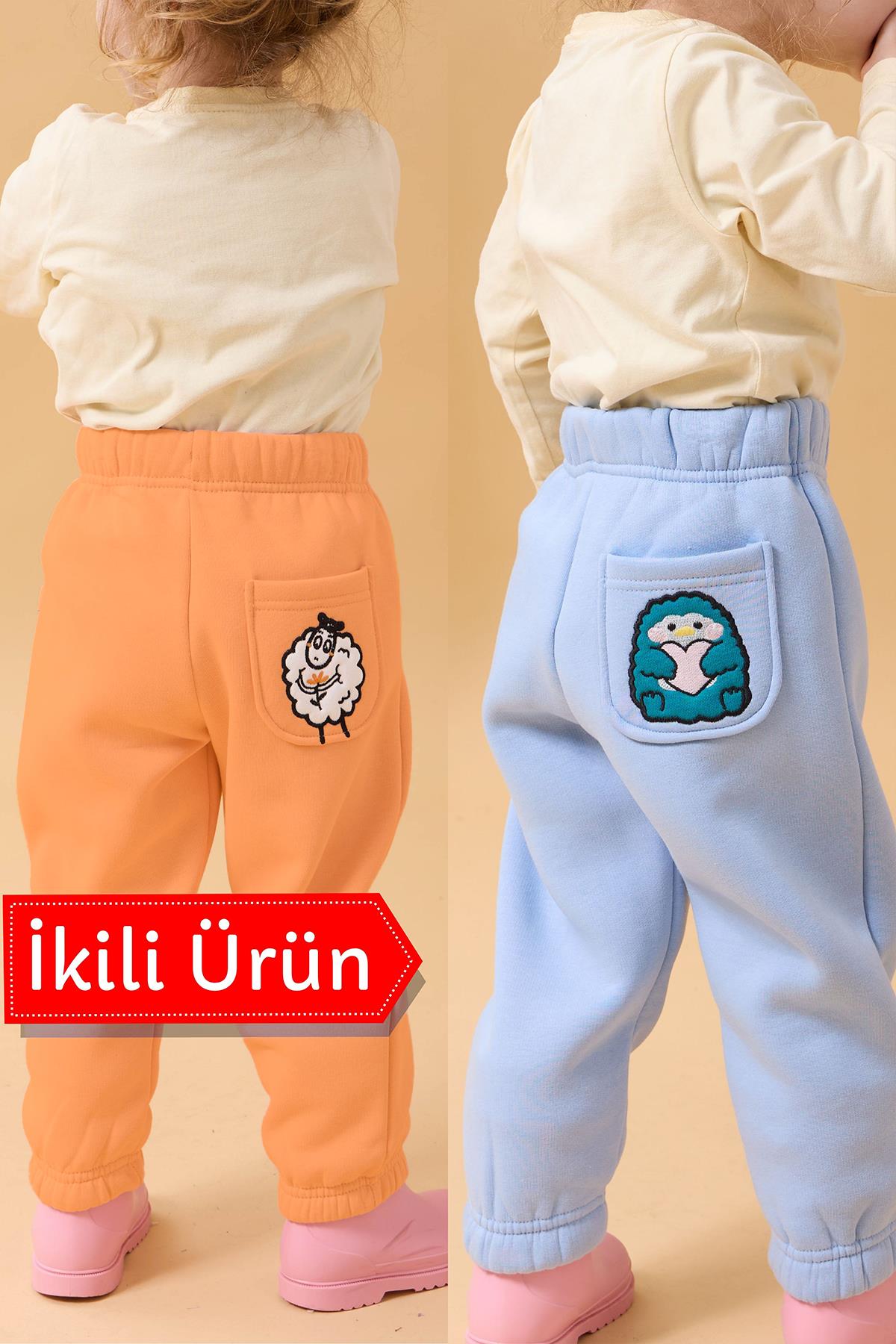 Kız Çocuk Cep Nakışlı Kuzu ve Mavi Kuş 2'li Eşofman Altı Somon-Bebe Mavisi