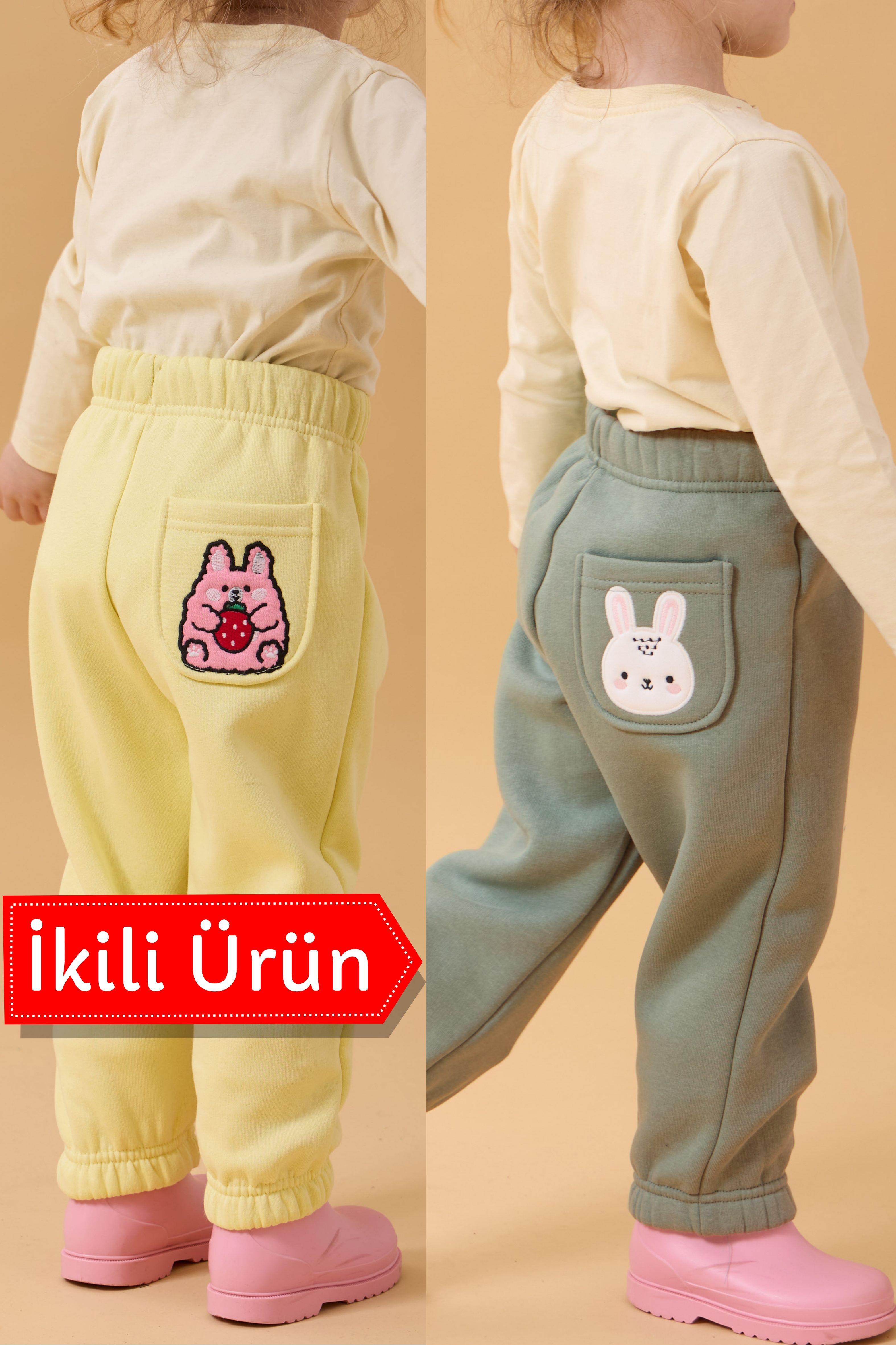 Kız Çocuk Cep Nakışlı Tavşan ve Pembe Tavşan 2'li Eşofman Altı Sarı-Çağla