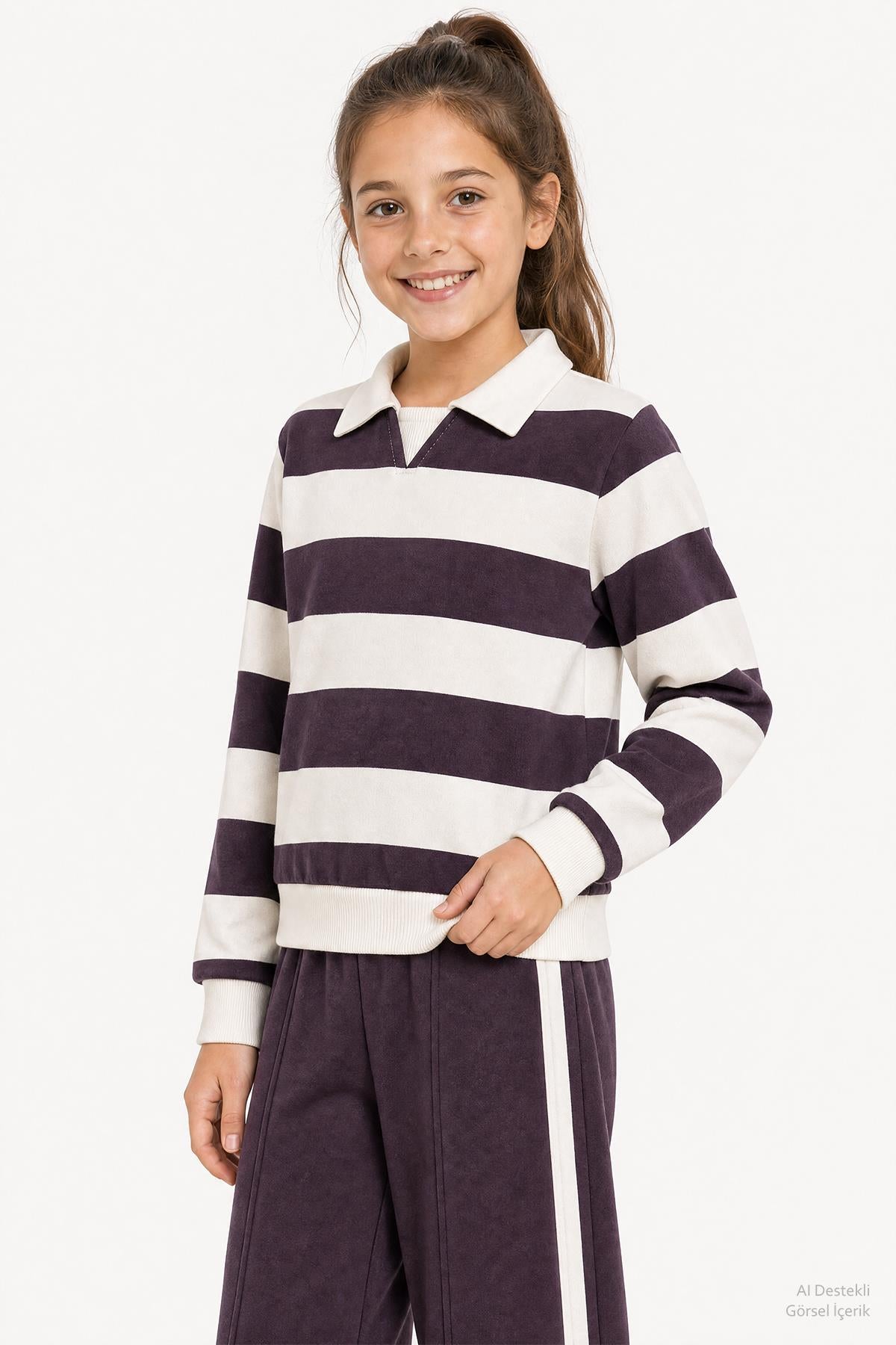 Kız Çocuk Çizgili Sweatshirt ve Geniş Paça Eşofman Takımı
