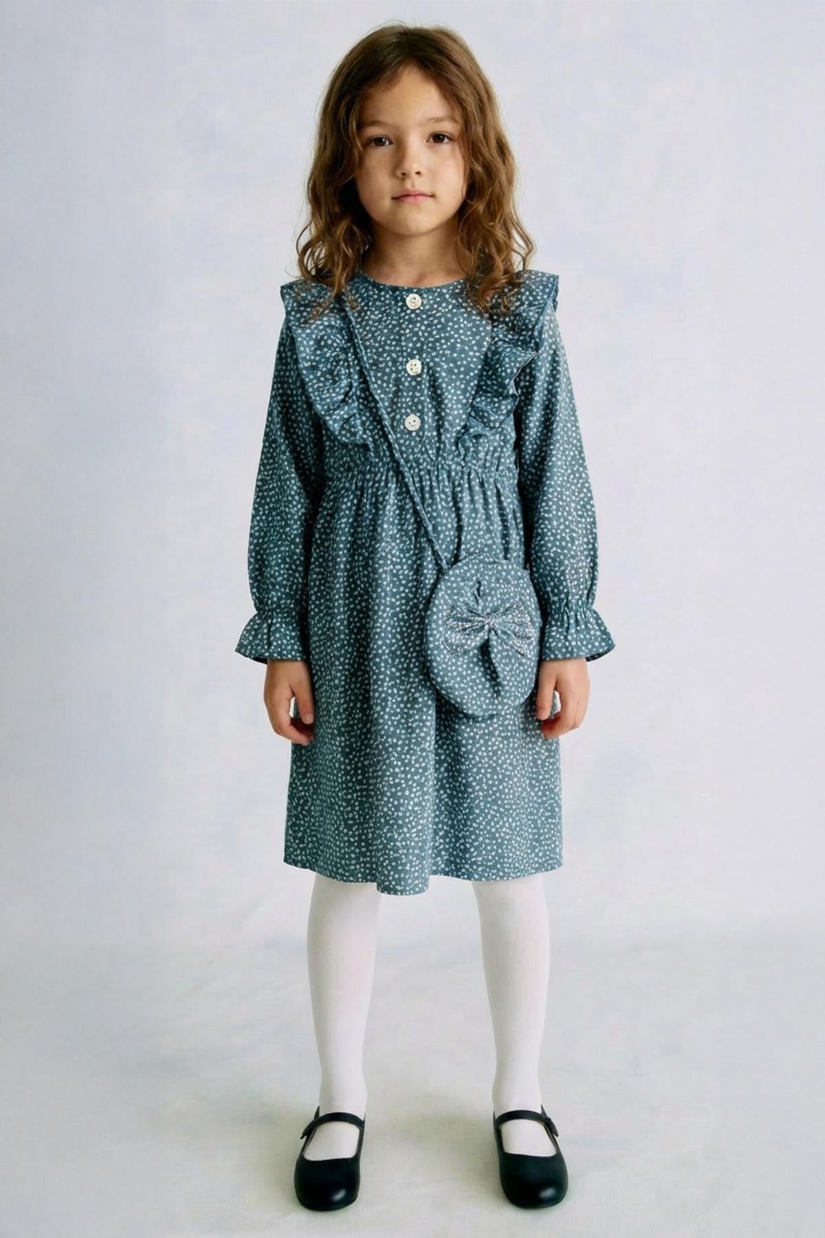 Kız Çocuk Desenli Çanta Hediyeli Mevsimlik Elbise