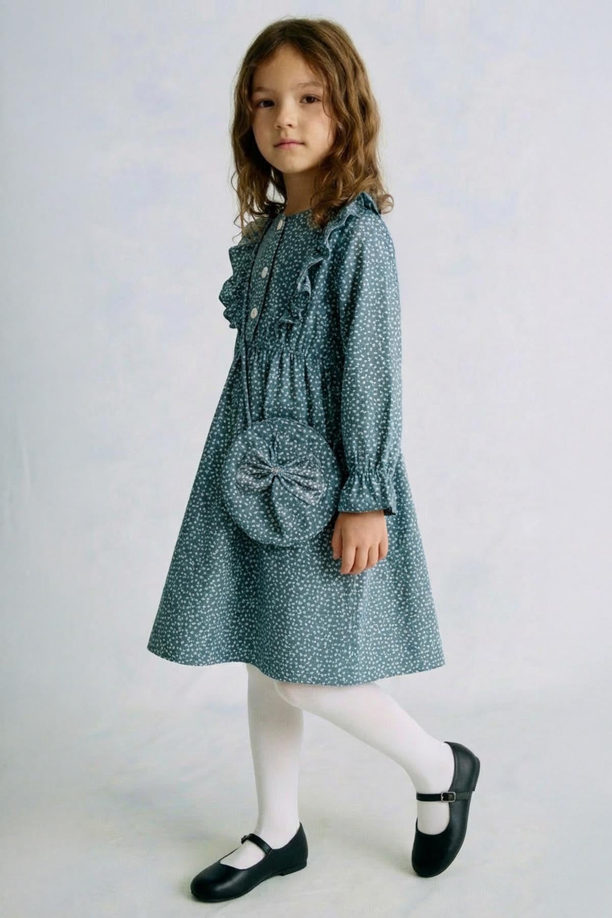 Kız Çocuk Desenli Çanta Hediyeli Mevsimlik Elbise